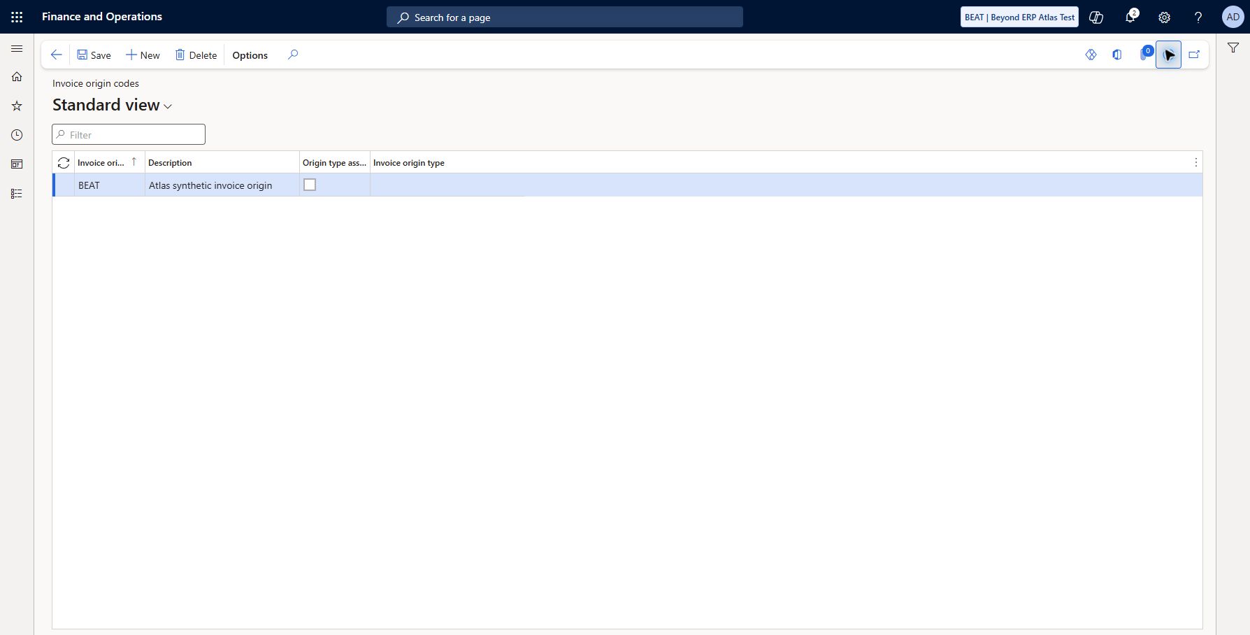 Set up Invoice origin codes — BEAT: Accounts receivable > Setup > Invoice origin codes: BEAT / Atlas synthetic invoice origin saved/refreshed. Origin type assignment unchecked and origin type disabled/blank; no automatic origin assignment or invoice usage tested.