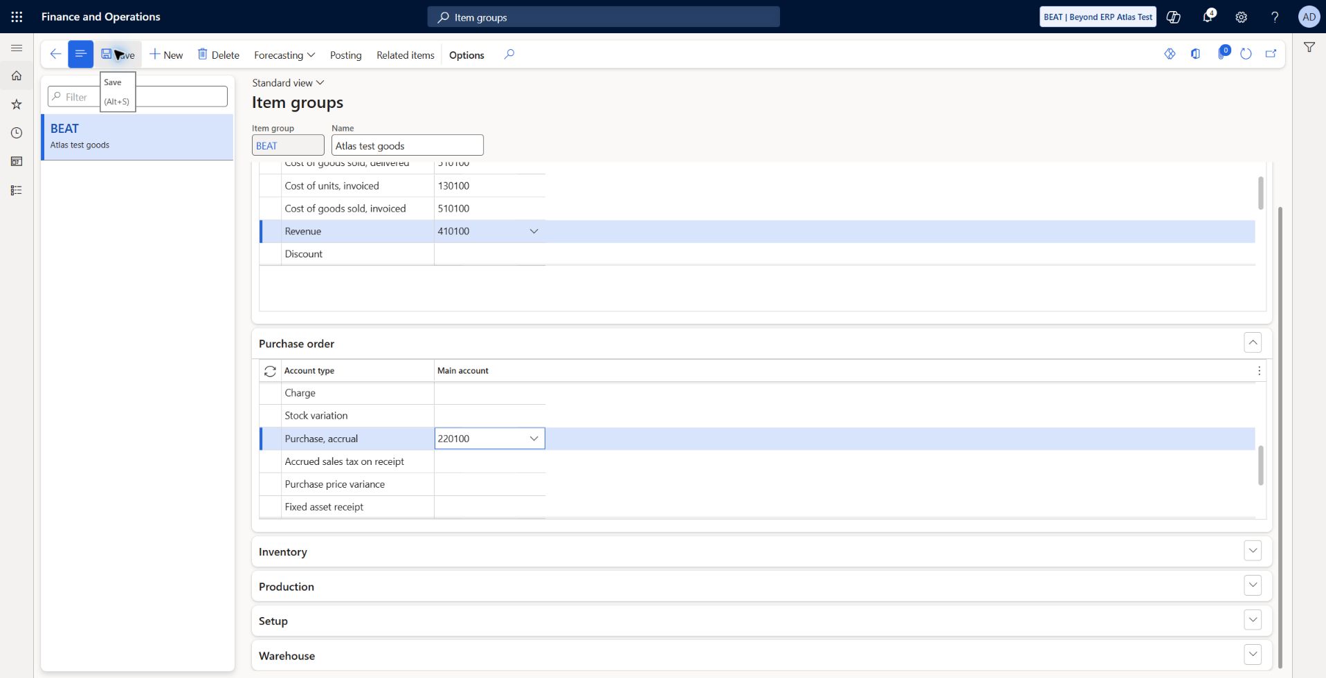 Item groups: purchase accrual: BEAT: Purchase, accrual 220100. Receipt and invoice mappings are listed in the execution log; effective posting untested.