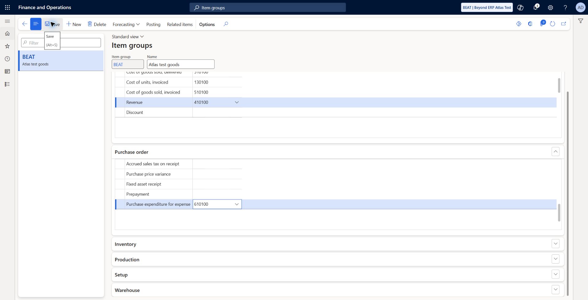 Item groups: purchase expense: BEAT: Purchase expenditure for expense 610100. Discount, fixed-price, tax and prepayment accounts left outside baseline.