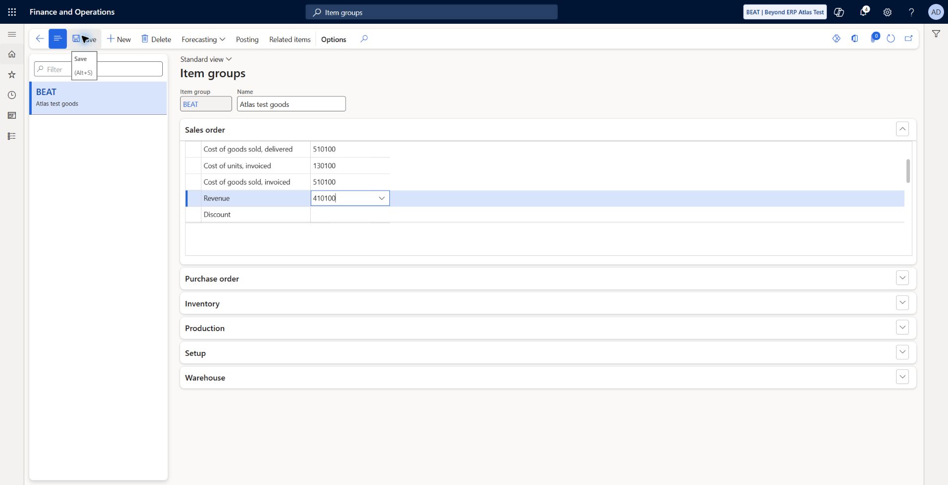 Item groups: sales posting: BEAT: cost of units delivered/invoiced 130100, cost of goods sold delivered/invoiced 510100, Revenue 410100. Saved setup, effective posting untested.