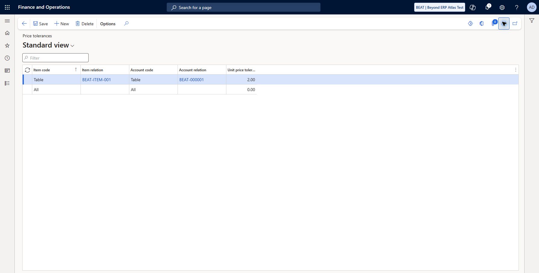 Define price tolerances by item, vendor or combination — BEAT: Accounts payable > Invoice matching setup > Price tolerances: saved and refreshed Table item BEAT-ITEM-001 / Table vendor BEAT-000001 / Unit price tolerance percentage 2.00. Existing All/All 0.00 retained. Specific tolerance setup is verified visually; under/over-tolerance invoice tests remain unexecuted.