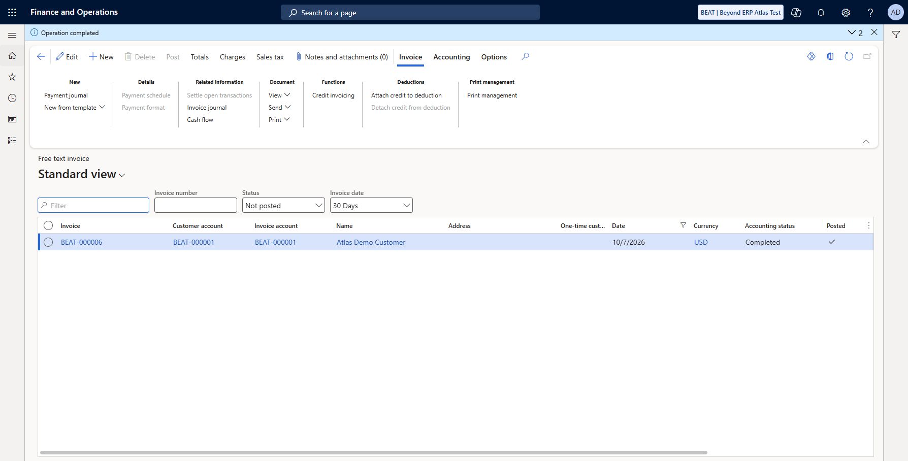Synthetic receivable posted for netting test: BEAT-000006 posted for BEAT-000001 from BEAT-SERVI template, 1 x 100 USD revenue 410100, NET30. Initial attempt canceled with stale duplicate credit voucher BEAT-40000004; session reload then same saved draft posted successfully, Accounting Completed, Posted Yes. Netting settlement and GL readback remain separate checks; numbering root cause remains unconfirmed.