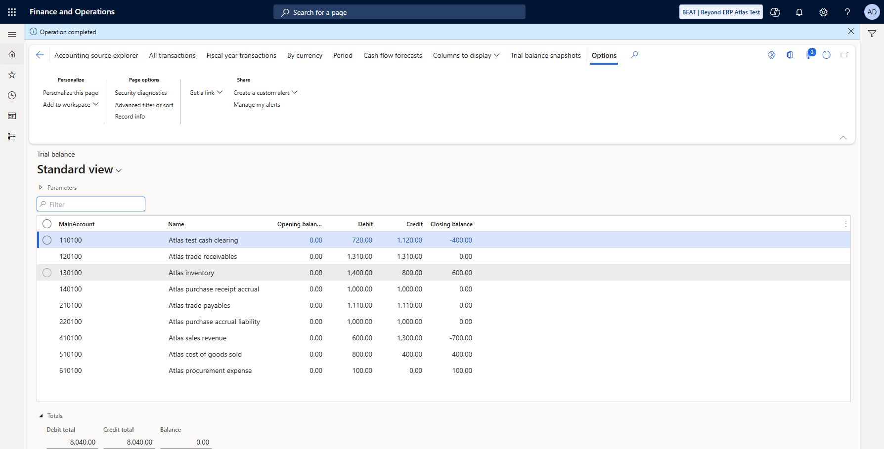 Final BEAT ledger after reversal and rule re-netting: Recalculated full-year 2026/Main account set/Current after reversal and rule-driven re-netting: debit/credit 8040 USD each, net zero. Closing clearing -400, inventory600, revenue-700, COGS400, expense100; AR/AP and receipt/purchase accruals zero. Netting controls restored the same balanced final ledger state.