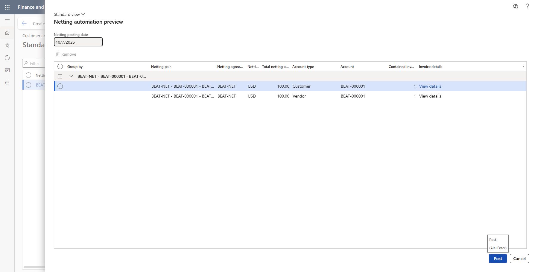 Automatic netting rule produced correct preview: Selected BEAT-NET active rule, posting 10/7/2026, invoice due date 11/6/2026, Preview before posting Yes. Preview contains only BEAT-NET pair BEAT-000001 customer/vendor, USD100 each, one invoice per side. This verifies rule selection after reversal reopened +100/-100; posting result and recurring series are separate checks.