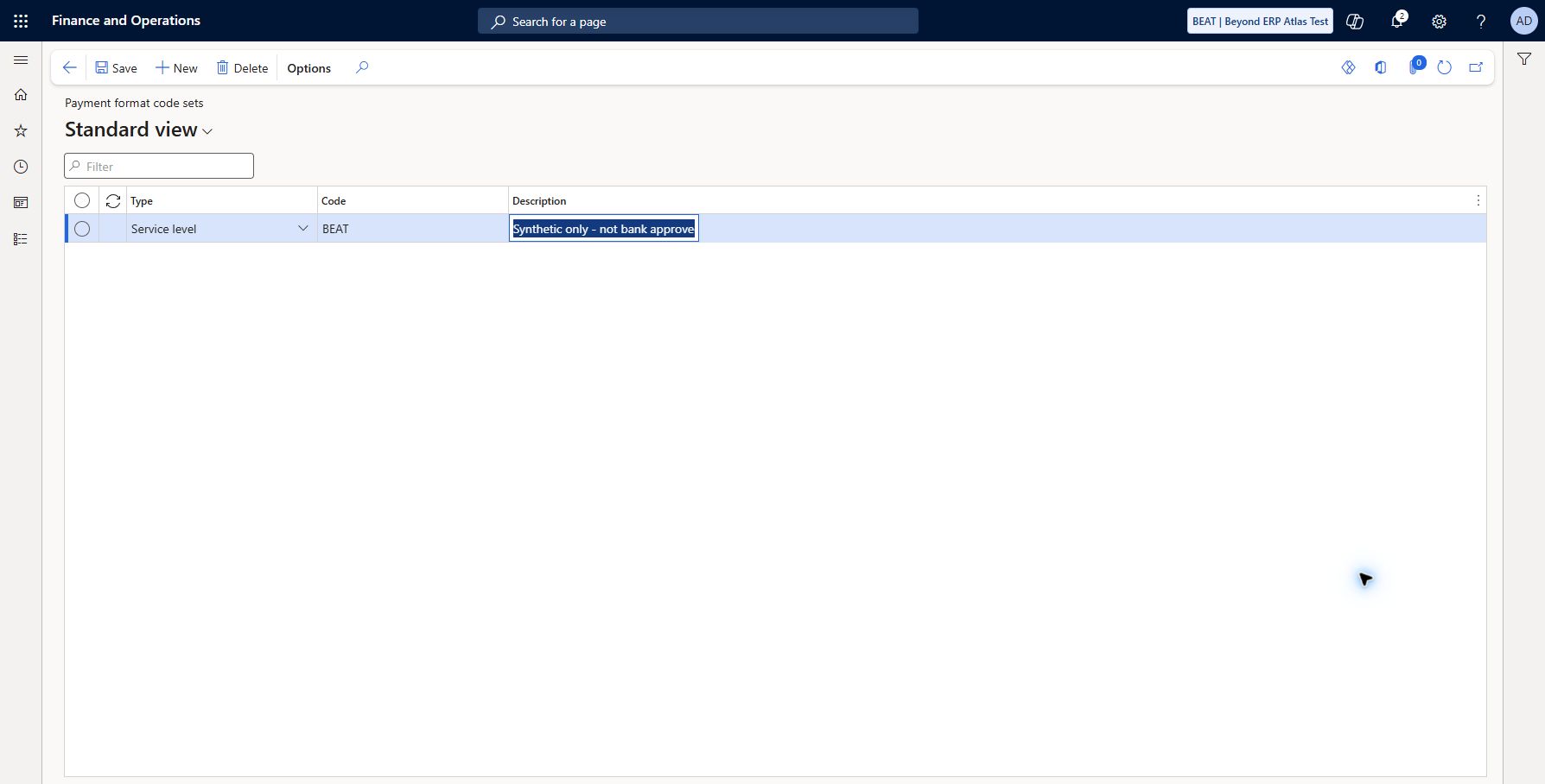 Synthetic payment format code set: Accounts payable > Payment setup > Payment format code sets. Saved/refreshed Service level BEAT, description Synthetic only - not bank approved. Unassigned demo lookup value; no ISO/bank-approved meaning claimed, no export format assignment or bank file generation/transmission. Bank specification is required for functional format configuration.