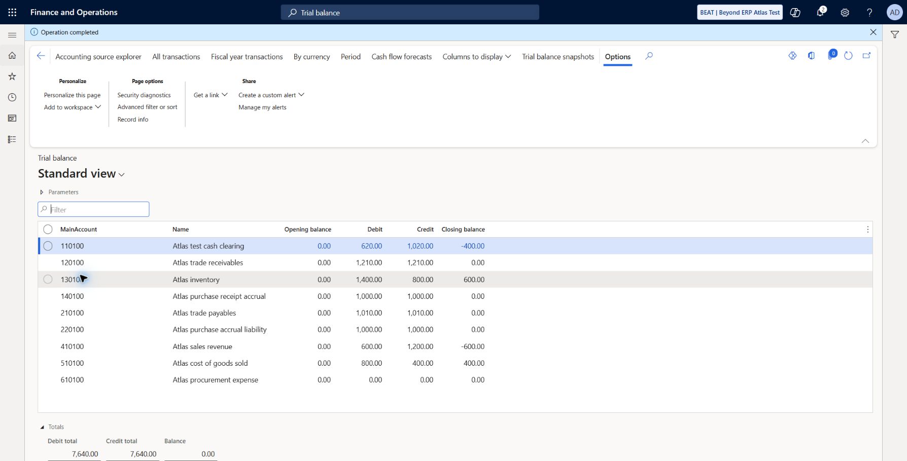 BEAT-CASH method tests trial balance reconciled: Main account set, Current layer, 2026-01-01 through 2026-12-31: Operation completed; debits and credits 7,640 USD each, net zero. Closing clearing -400, AR/AP/accruals/expense 0, inventory 600, revenue -600, COGS 400 USD. Paired BEAT-CASH tests changed turnover only, not closing balances.