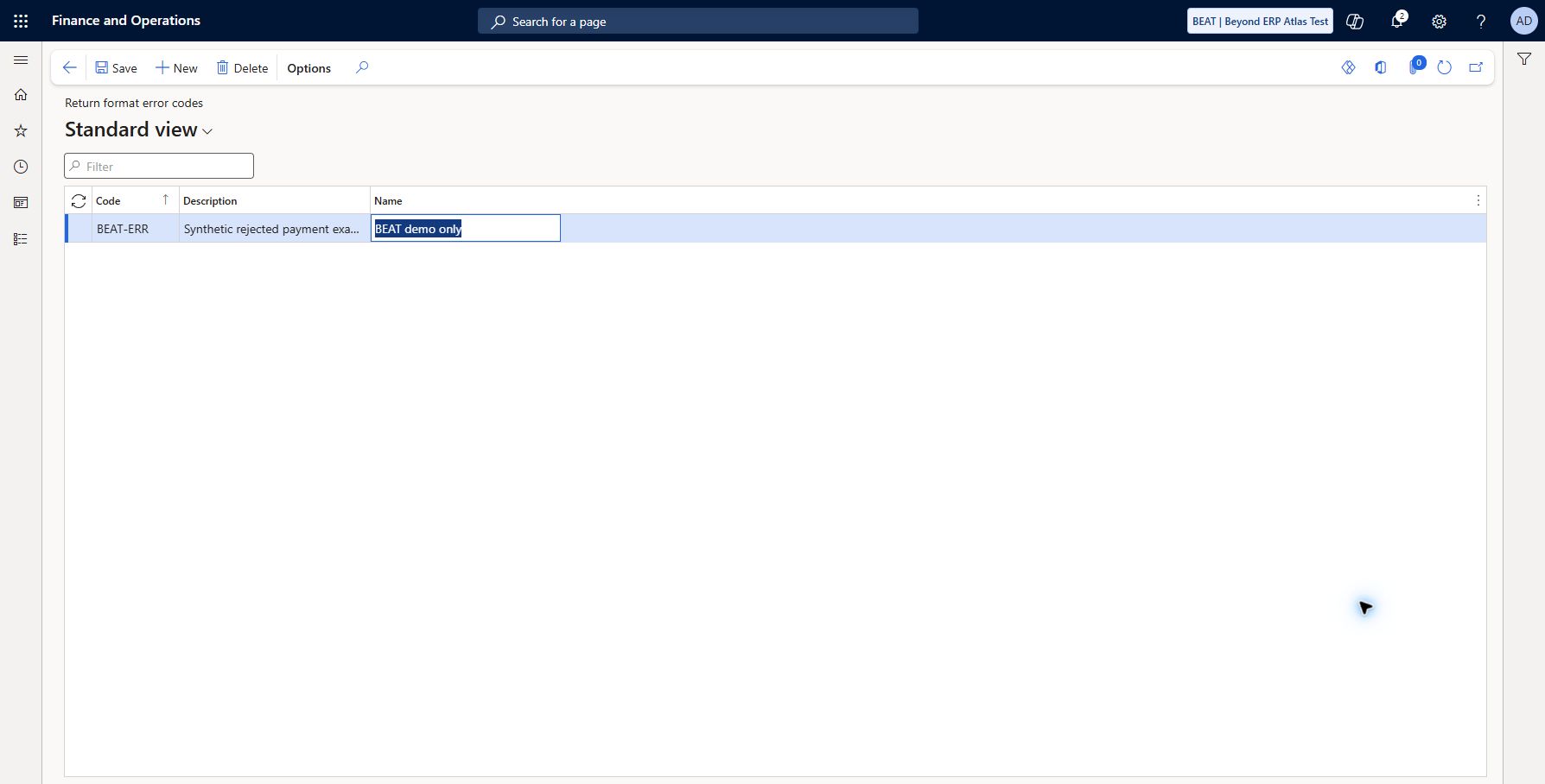 Synthetic return error code: Accounts payable > Payment setup > Return format error codes. Saved/refreshed BEAT-ERR, Synthetic rejected payment example, Name BEAT demo only. Demonstration lookup entry only; no bank error specification, return format assignment, sample-file import or payment reconciliation tested.