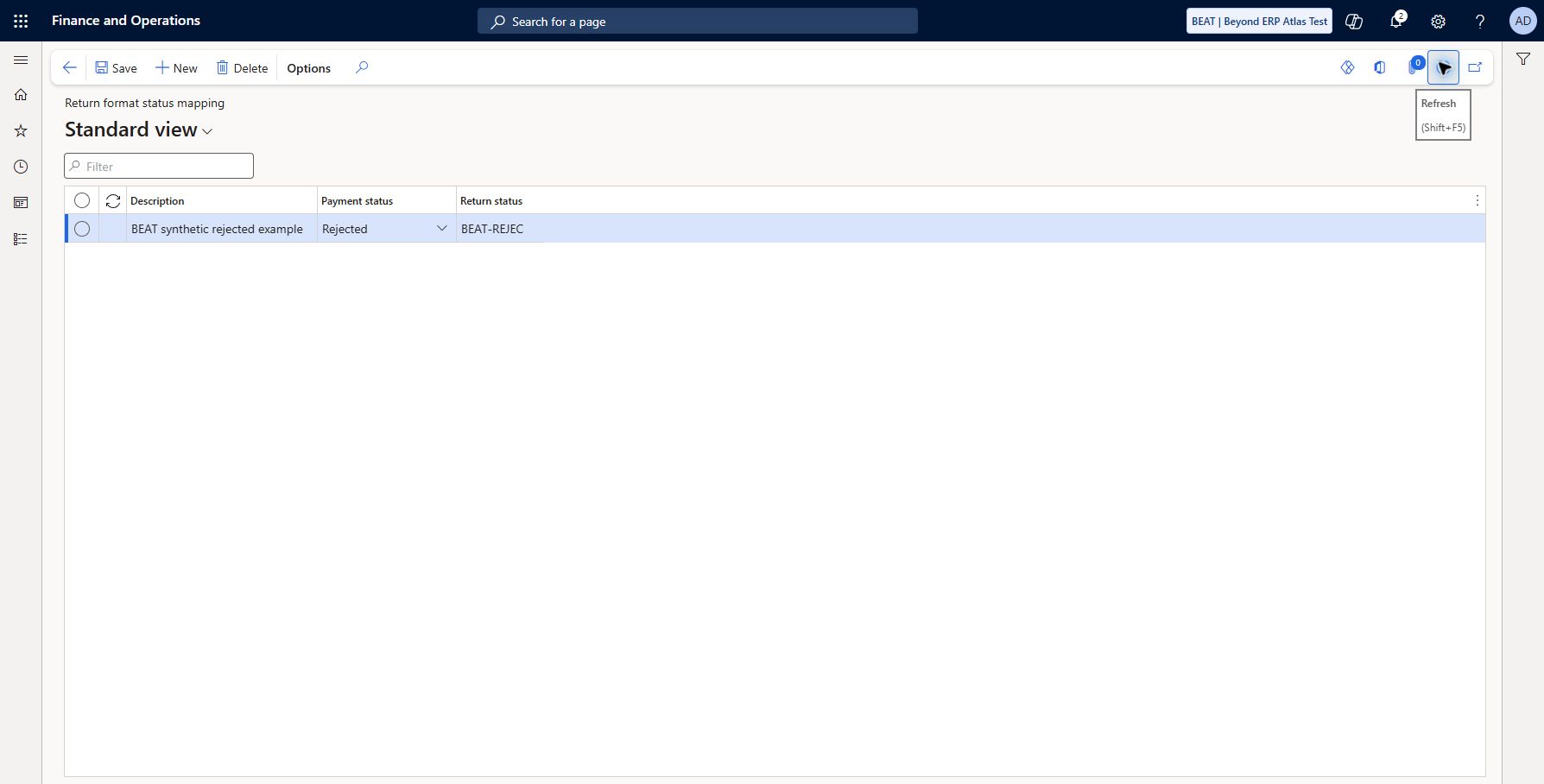Synthetic return status mapping: Accounts payable > Payment setup > Return format status mapping. Saved/refreshed return status BEAT-REJEC (ten-character field truncation), Payment status Rejected, BEAT synthetic rejected example. Demonstration only, no bank meaning claimed. No bank return file import/status update/reconciliation tested.