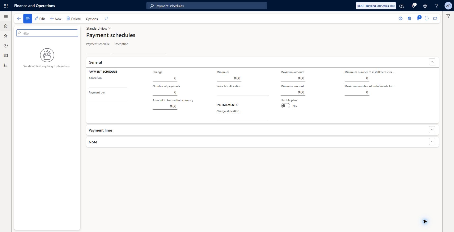 Payment schedules — empty setup: Visible payment schedules list is empty. Core NET30 invoices had one due date and were fully settled. Installment schedules and flexible-plan behavior remain unconfigured and untested.