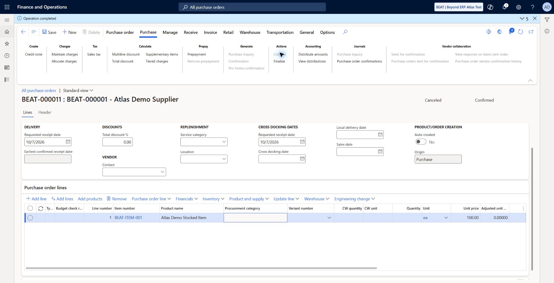 Negative control order canceled and confirmed: Disposable one-unit control PO BEAT-000011 is Canceled and Confirmed. Pending invoice draft was removed; no receipt or invoice was posted.