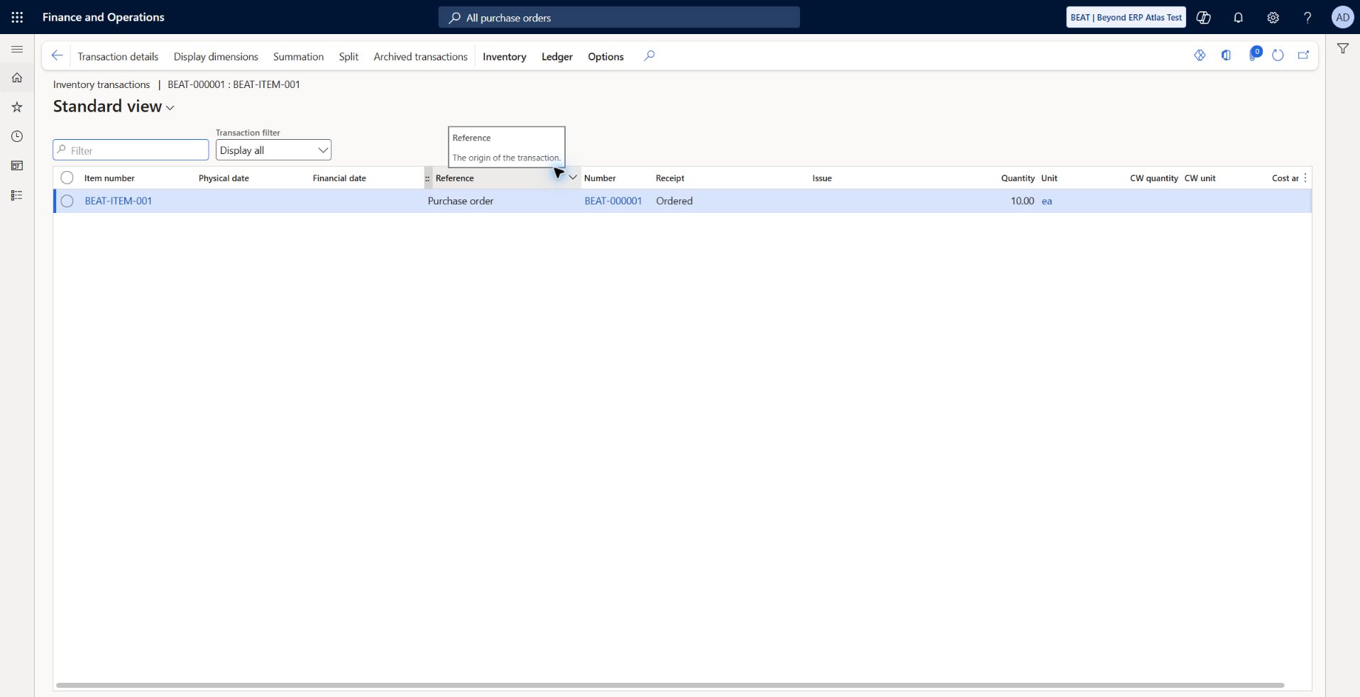 Purchase inventory transaction before receipt: BEAT-000001 line BEAT-ITEM-001: Receipt Ordered, quantity 10 ea, physical and financial dates empty. No receipt or invoice posting is claimed.