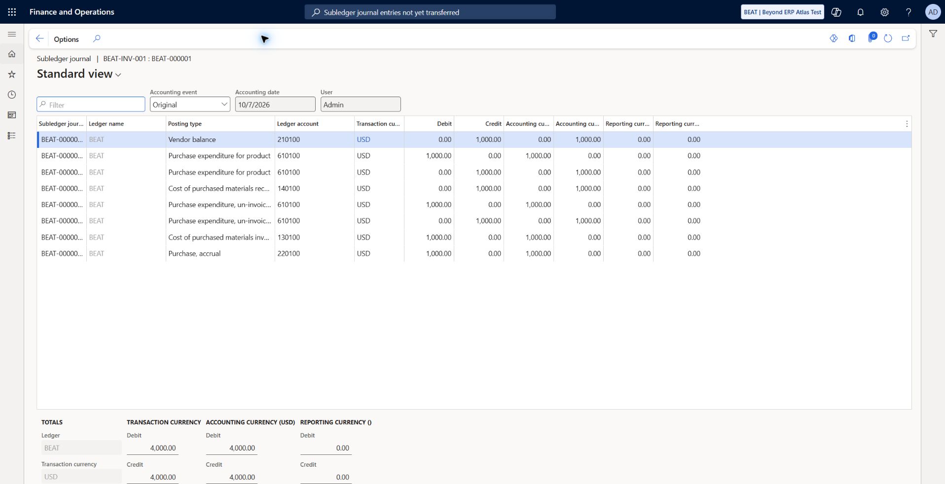 Supplier invoice subledger accounting: BEAT-000000002: debits/credits 4,000 USD. 130100 inventory debit 1,000; 210100 vendor credit 1,000; 140100 receipt reversal credit 1,000; 220100 accrual reversal debit 1,000. Expenditure entries offset. GL transfer not yet verified.