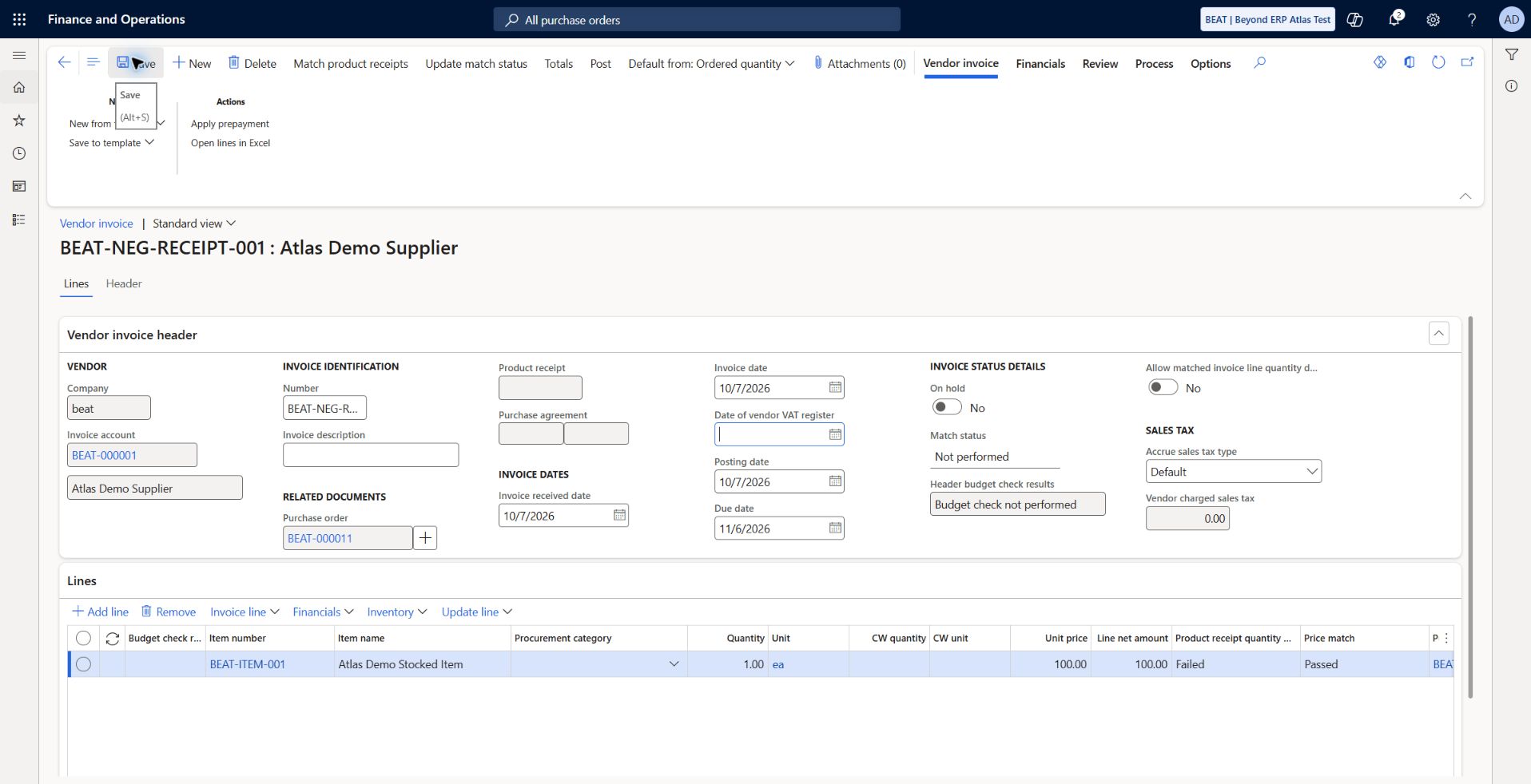 Unreceived purchase invoice control inputs: Separate PO BEAT-000011 confirmed, one ea at 100 USD. Invoice BEAT-NEG-RECEIPT-001 date 2026-10-07, Ordered quantity one, receipt match Failed, price Passed, no receipt.