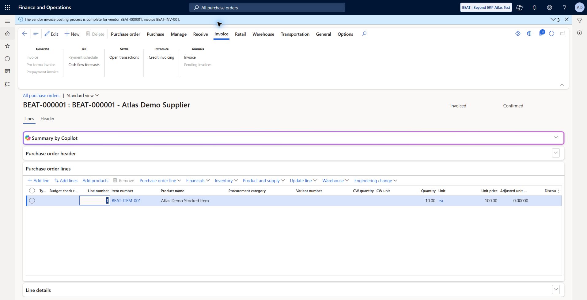 Supplier invoice posting completed: F&O reports vendor invoice posting complete for BEAT-000001, BEAT-INV-001; PO status Invoiced. Total previously verified 1,000 USD; payment and ledger reconciliation pending.