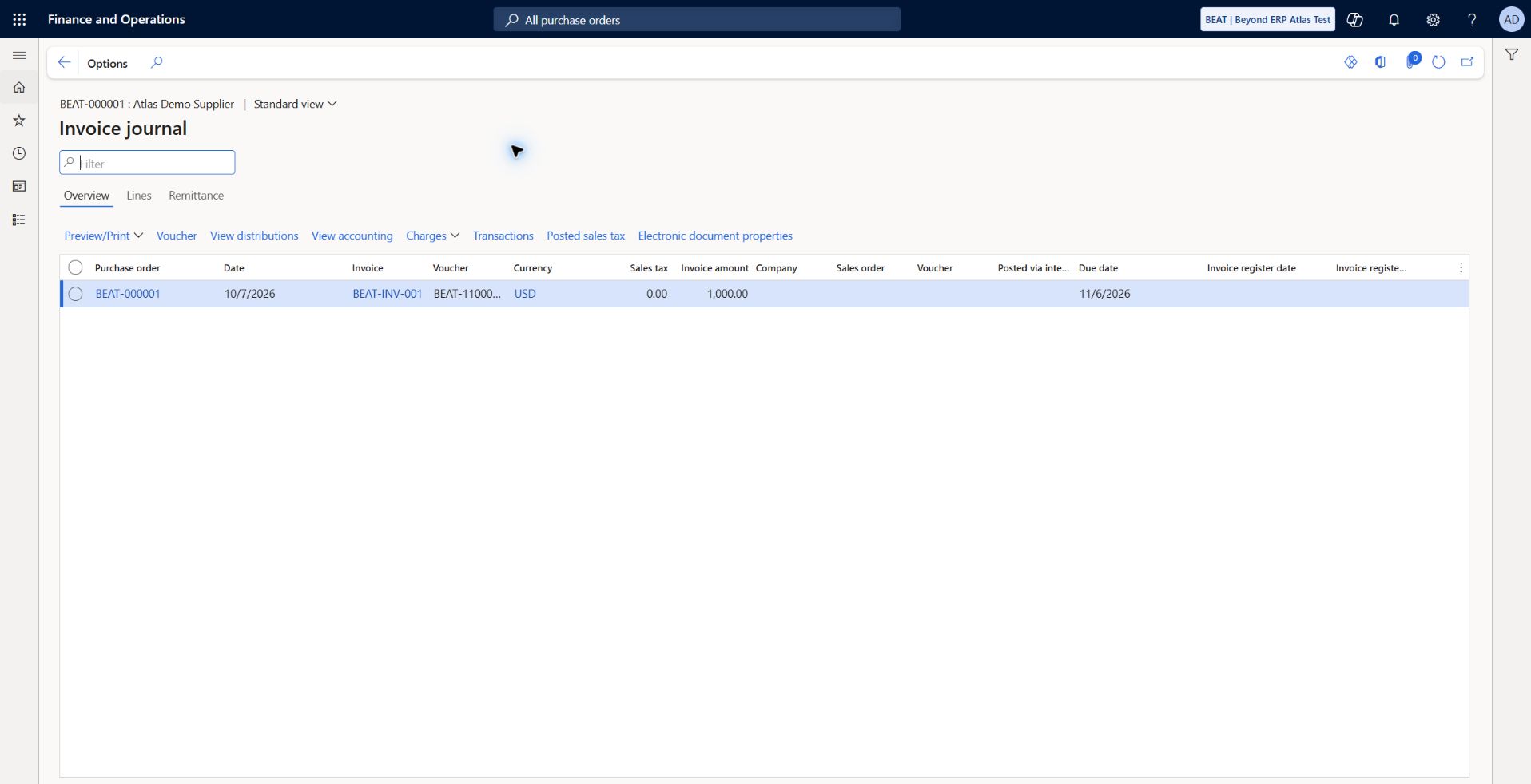 Posted supplier invoice journal: BEAT-INV-001 dated 2026-10-07, voucher BEAT-110000000, USD 1,000, tax zero, due 2026-11-06. GL voucher transfer still requires verification.