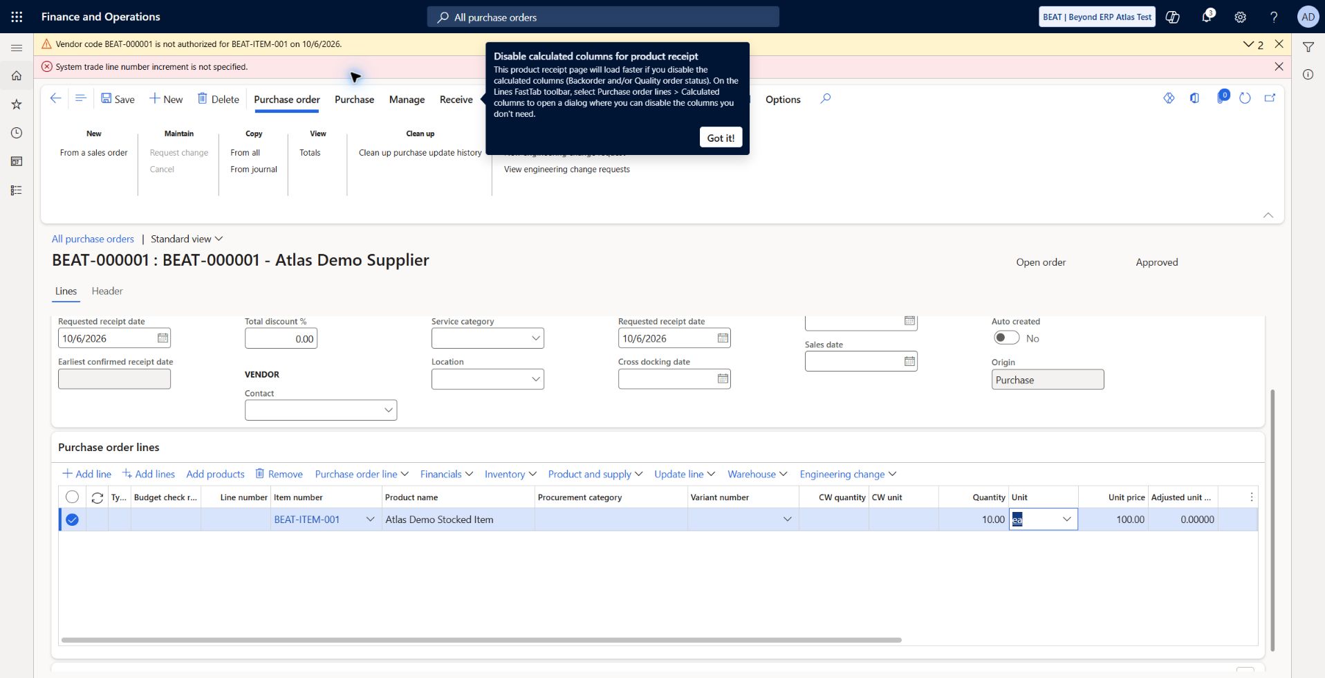 Purchase line prerequisite error: Historical capture; the prerequisite was subsequently resolved. BEAT-000001 purchase header created. Initial BEAT-ITEM-001 line save blocked: System trade line number increment is not specified. Approved-vendor policy also warned; neither warning nor error proves a successful line save.