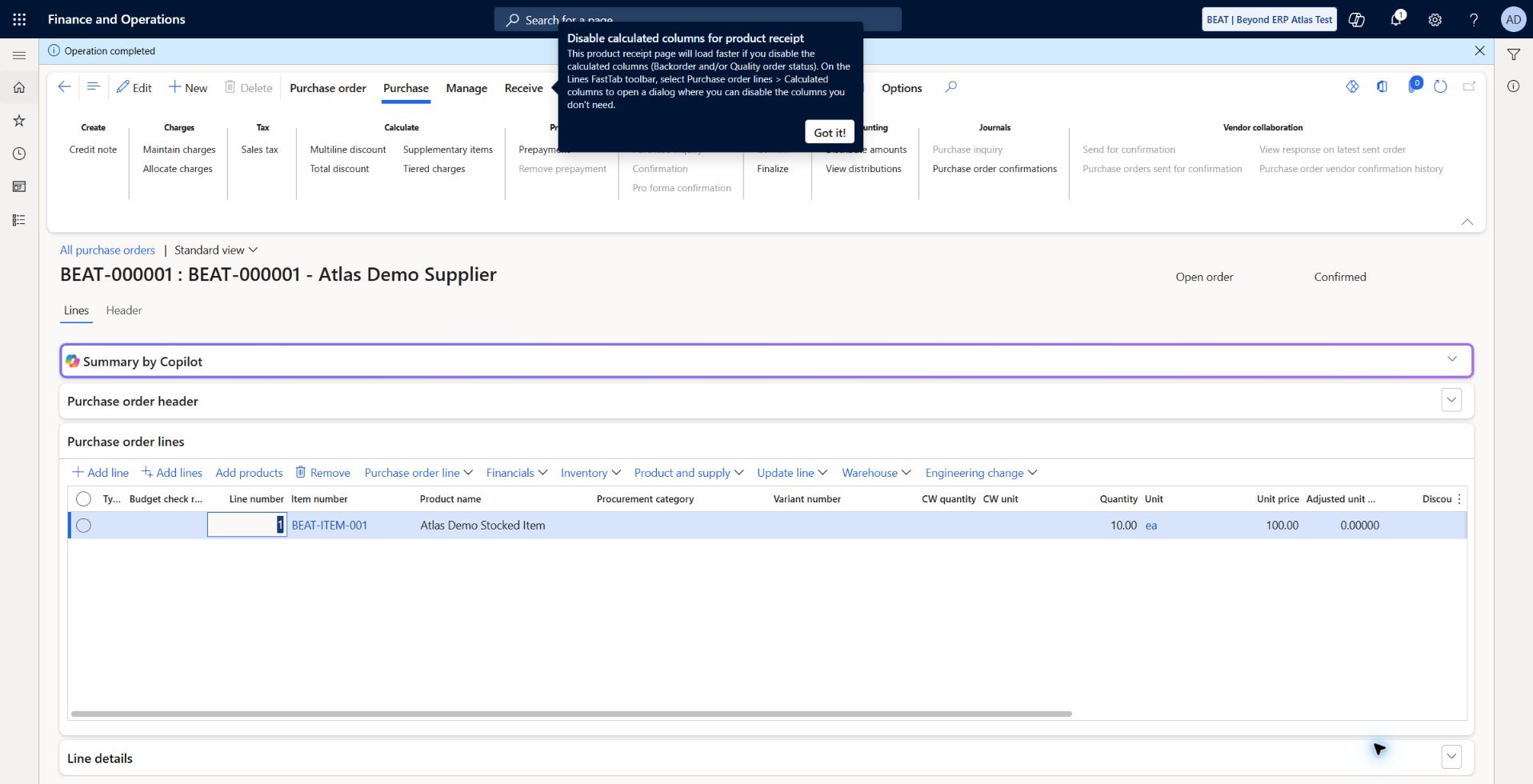 Confirmed test purchase order: BEAT-000001, supplier BEAT-000001, 10 ea BEAT-ITEM-001 at 100 USD; Approval status Confirmed and Operation completed. Receipt and invoice remain unposted.