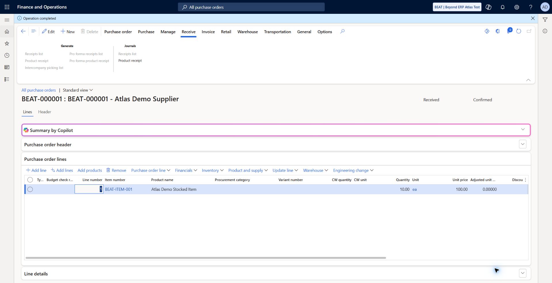 Purchase receipt completed: Operation completed; BEAT-000001 status Received after posting BEAT-PR-001 for 10 ea. Voucher reconciliation remains pending.