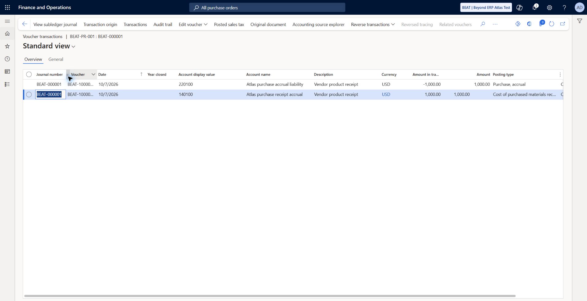 Product receipt GL confirms accrual transfer: GL BEAT-000001 / BEAT-100000000 dated 2026-10-07: 220100 -1000 USD and 140100 +1000 USD, Current layer, year closed No. Receipt subledger expenditure debit/credit net zero and do not appear as separate GL rows.