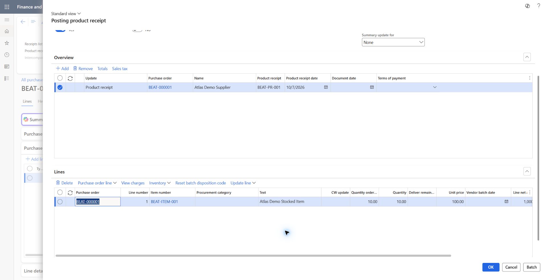 Purchase receipt: verified posting inputs: Ordered quantity, Posting Yes, print No, reference BEAT-PR-001, receipt date 2026-10-07, 10 ea at 100 USD, line net 1,000. Pre-post capture only.