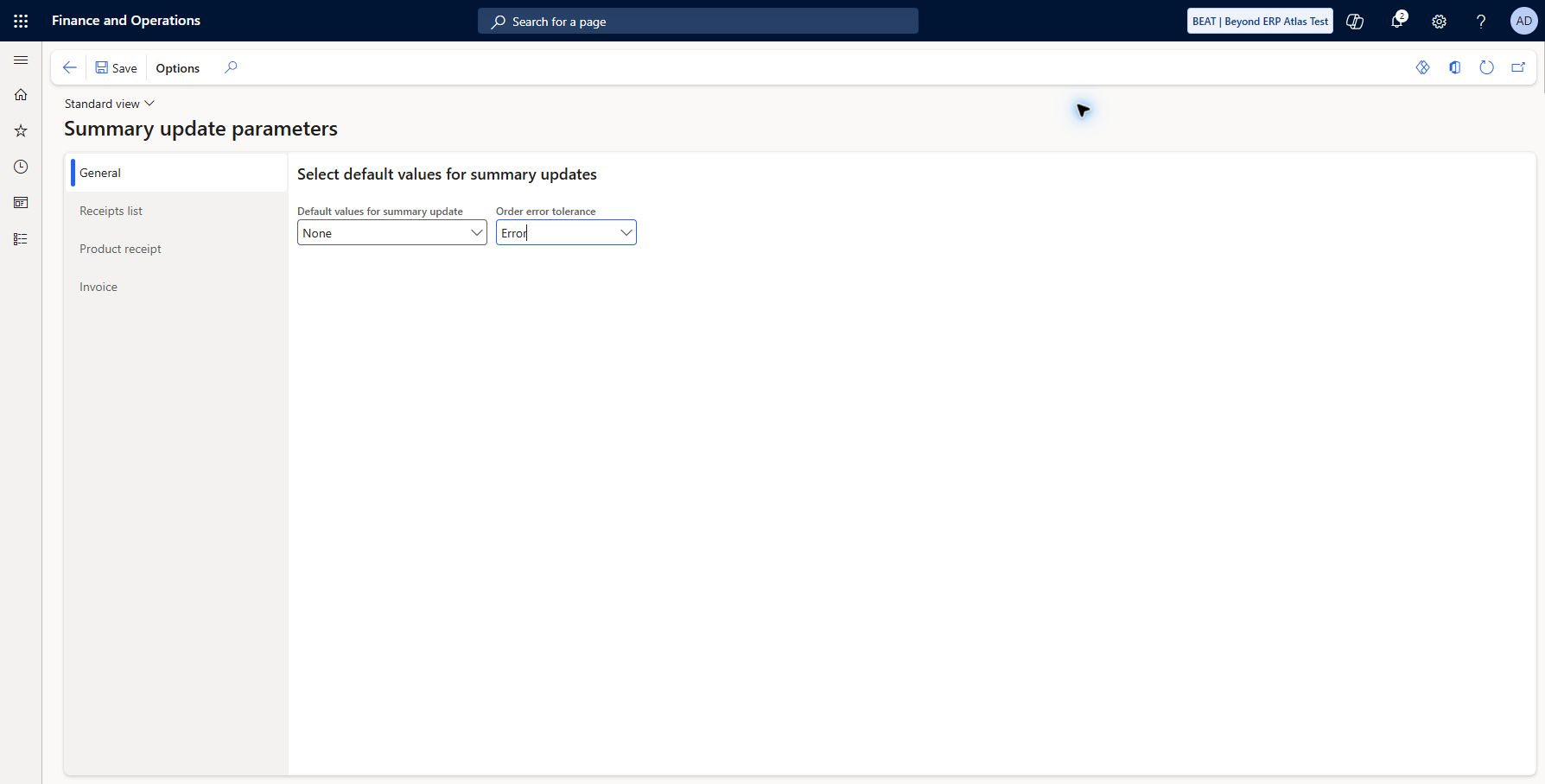 Purchase summary update parameters: Accounts payable > Setup > Summary update parameters. Saved/refreshed Default values for summary update None, Order error tolerance Error. BEAT keeps individual-order processing and strict batch error handling. Receipts/product receipt/invoice grouping fields and multi-order summary tests remain unverified.