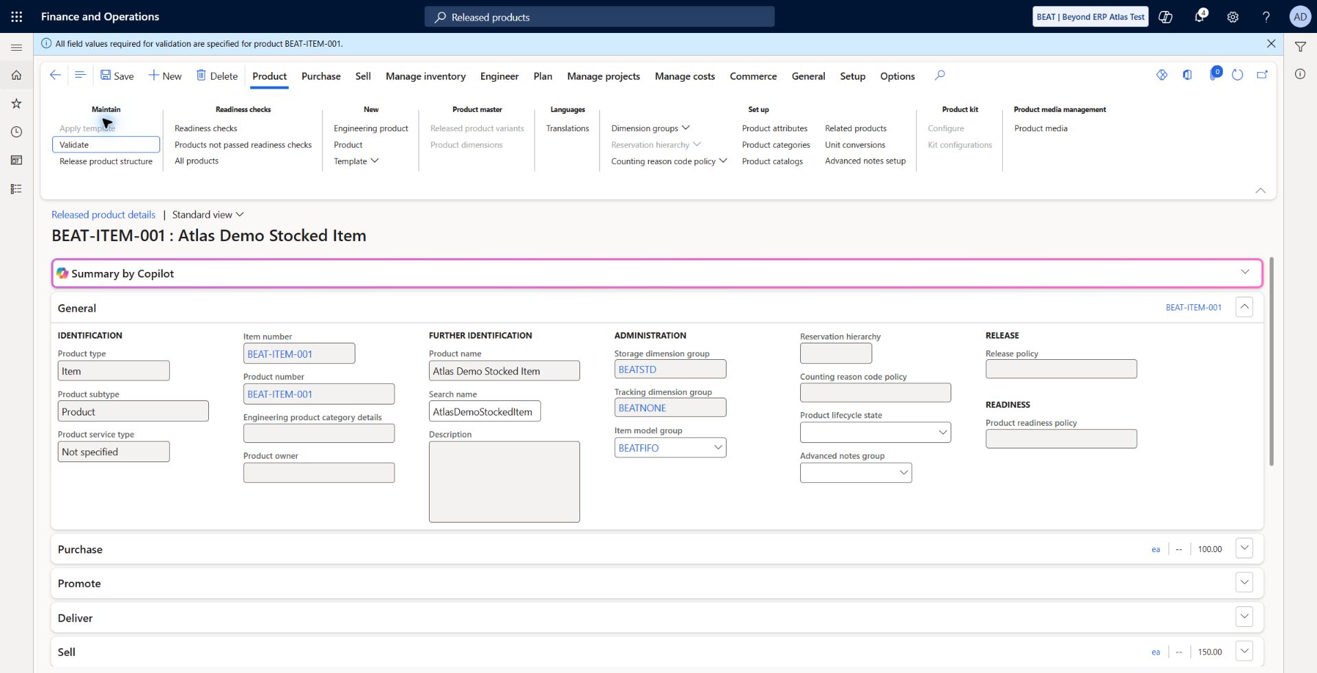 Released product validation: System reports: All field values required for validation are specified for product BEAT-ITEM-001. Validation does not prove receipt, invoice or settlement posting.