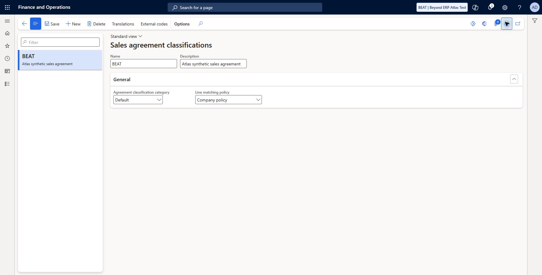 Set up Sales agreement classifications — BEAT: Accounts receivable > Setup > Sales agreement classifications: BEAT / Atlas synthetic sales agreement saved/refreshed, category Default, line matching Company policy. Agreement creation/release orders and fulfillment tests remain unexecuted.