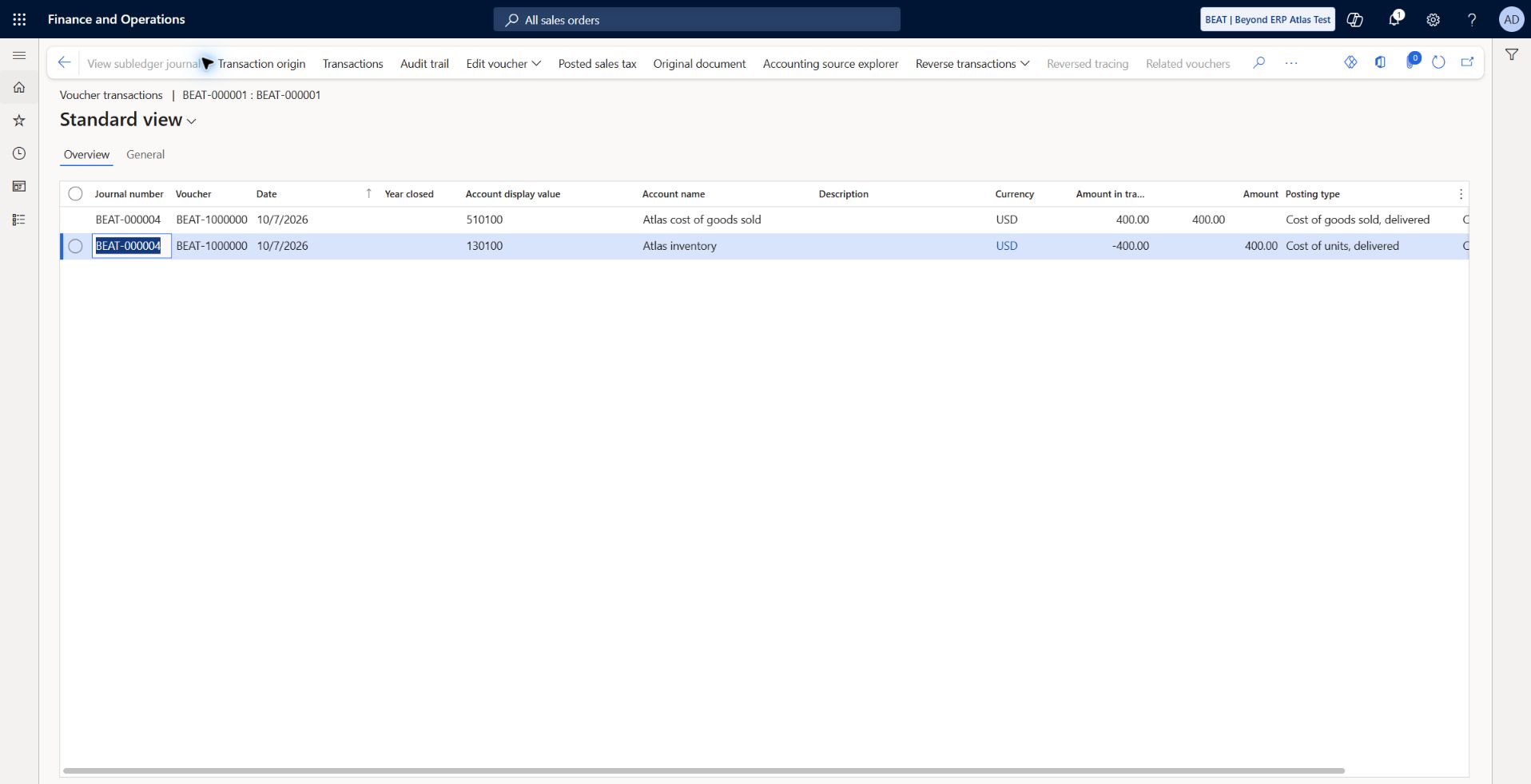 Delivery general ledger voucher confirms 400 USD cost: GL journal BEAT-000004 voucher BEAT-1000000 dated 2026-10-07: 510100 cost of goods sold delivered +400 USD, 130100 inventory delivered -400 USD. Current layer, year closed No. Four units at cost 100 each.