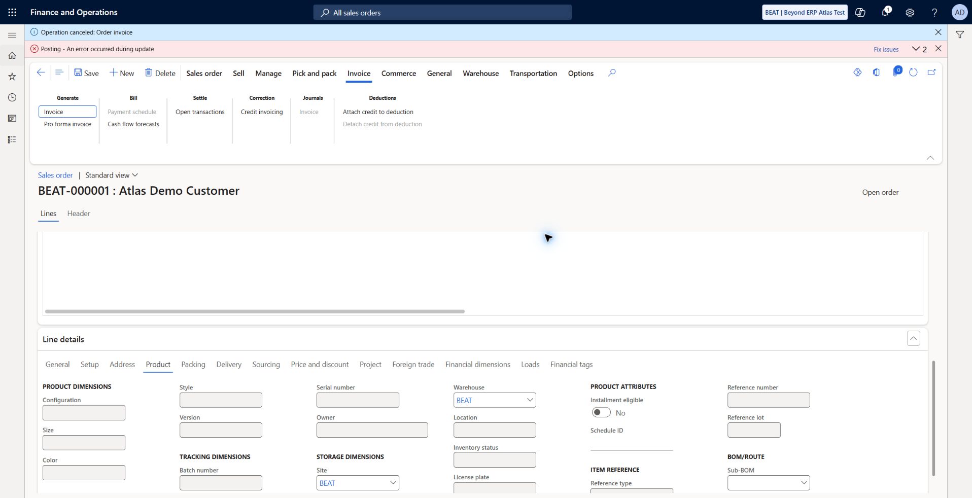 Expected negative control: invoice blocked before delivery: Quantity All, 4 ea / 600 USD before packing slip. Posting canceled with quantity cannot be invoiced because inventory transactions with status Deducted are insufficient. Order remains Open order. This is expected control evidence, not a completed invoice.