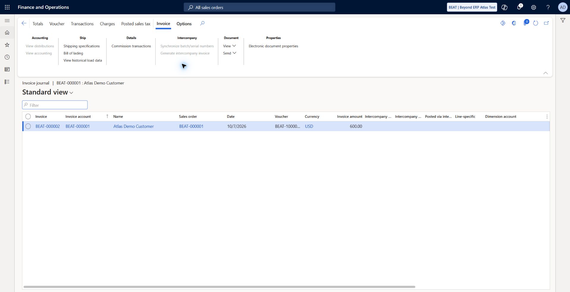 Posted synthetic customer invoice: Customer invoice BEAT-000002 dated 2026-10-07, invoice/customer account BEAT-000001, sales order BEAT-000001, voucher BEAT-10000001, invoice amount 600 USD. Order Invoiced after Operation completed. First invoice number was consumed by expected negative-control attempt; no duplicate posted invoice observed.
