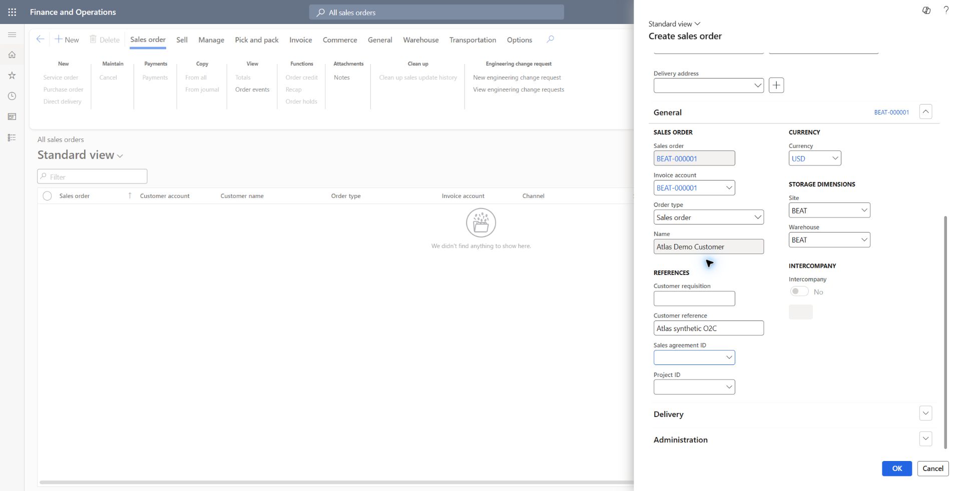 Synthetic sales order header: Draft header showed Sales order BEAT-000001, customer/invoice account BEAT-000001, USD and intended site/warehouse BEAT. Order type Sales order explicitly selected instead of Journal. Draft site/warehouse and customer reference did not persist; line storage dimensions were later saved directly and are evidenced separately.