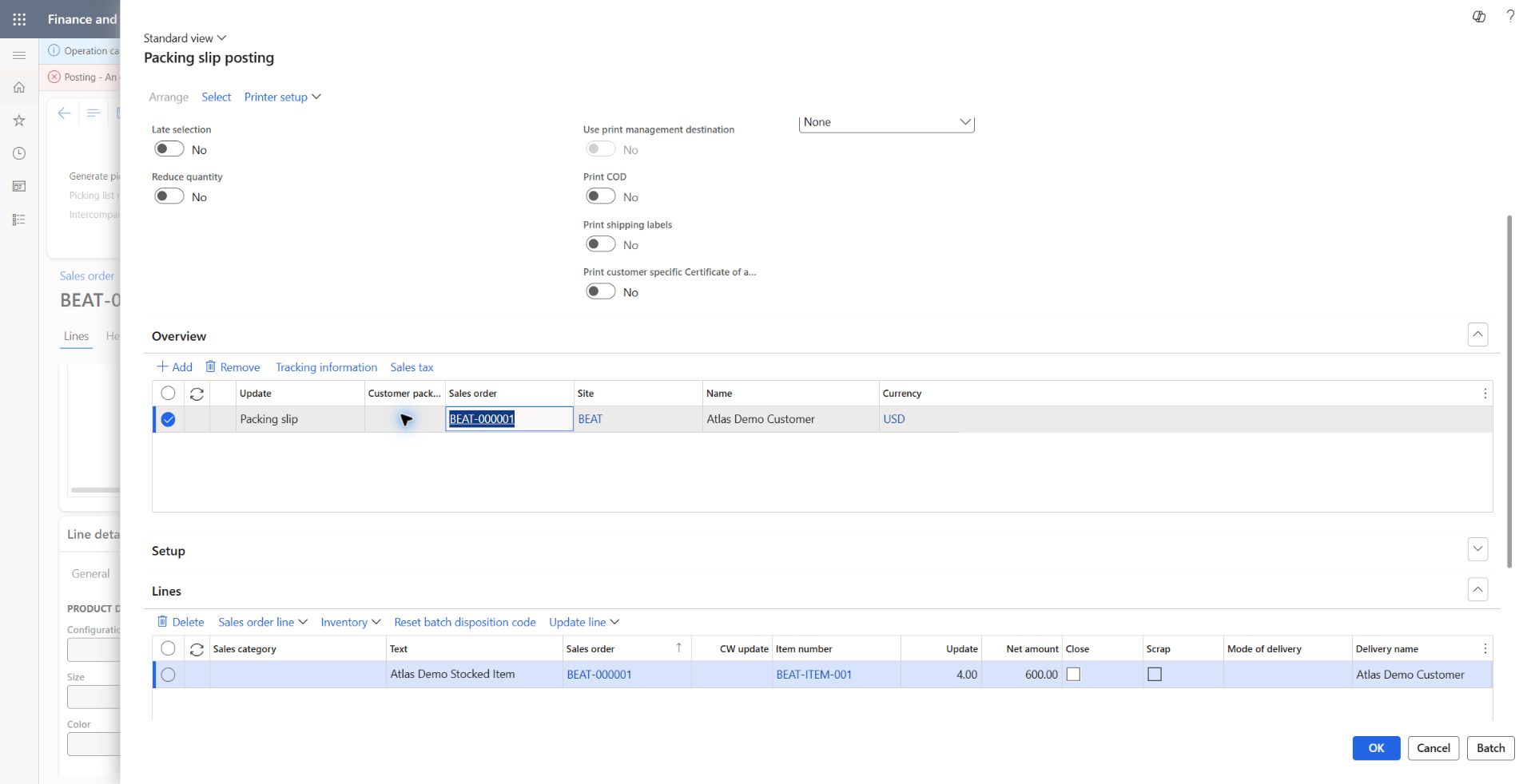 Synthetic four-unit packing slip prepared: Quantity All, posting Yes, print No; BEAT-ITEM-001 update 4 ea, net 600 USD, site BEAT. Typed customer reference BEAT-PS-001 did not persist; actual generated packing slip BEAT-000001 was subsequently verified.