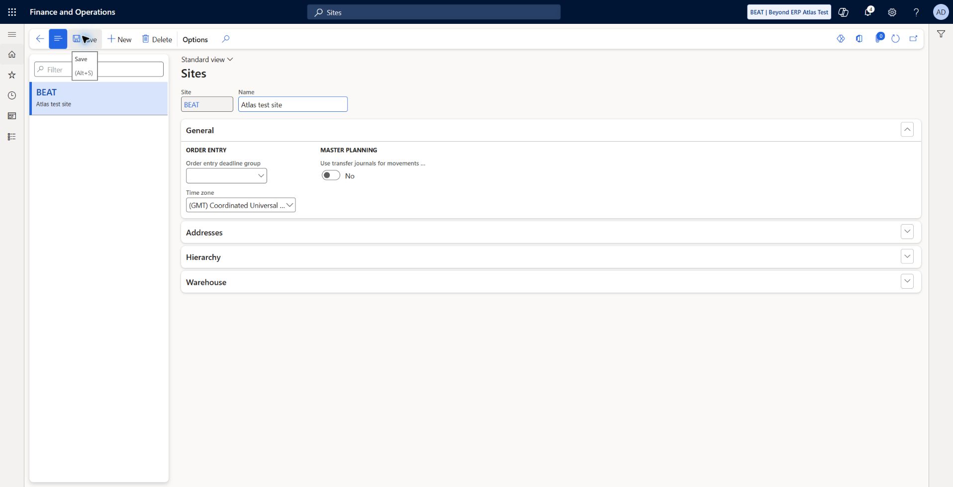 Sites: BEAT: BEAT, Atlas test site, UTC time zone. Saved BEAT-company site.