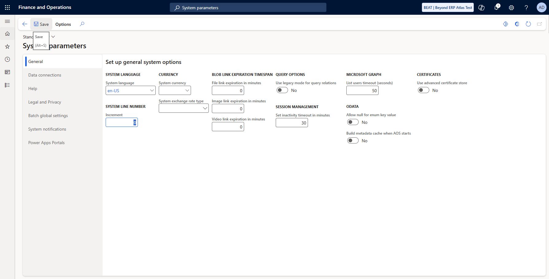 System parameters: Previously empty system-wide System language set to en-US and saved after account-structure creation reported that the language was unspecified.