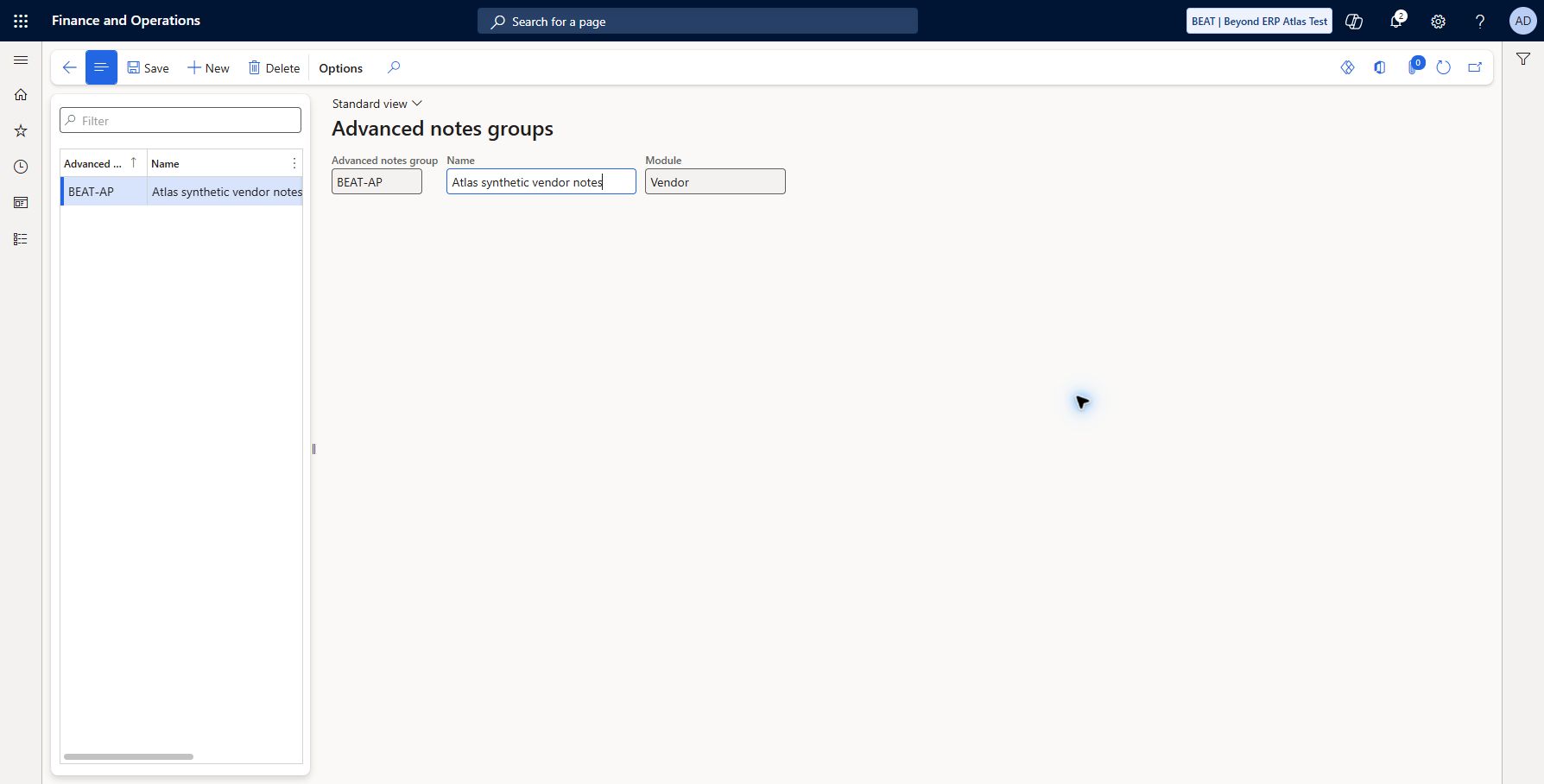 Vendor advanced notes group: Accounts payable > Setup > Advanced notes > Vendors advanced notes groups. Saved/refreshed BEAT-AP, Atlas synthetic vendor notes, Vendor module. USA BEAT exposes this form; localization applicability and group assignment/printed output remain untested.