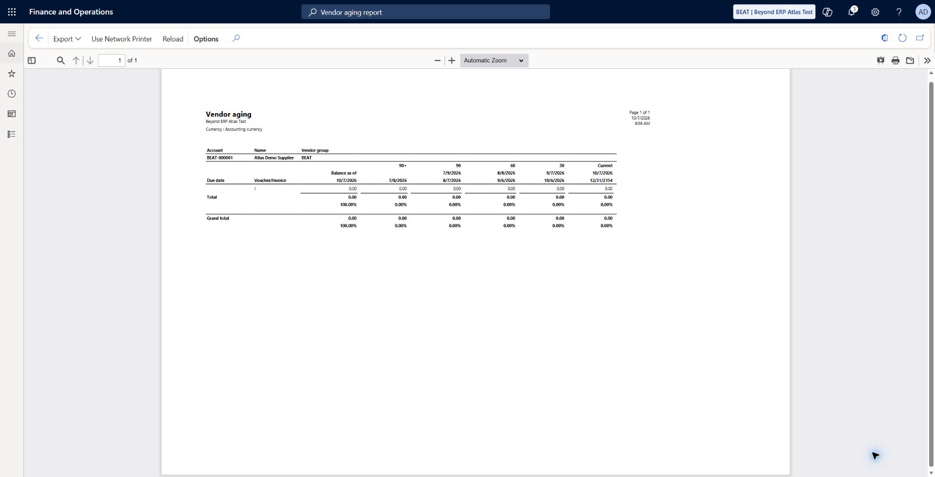 Vendor aging report — zero settled balance: Generated report for BEAT-000001 Atlas Demo Supplier: balance cutoff 2026-10-07, 90+/90/60/30/Current columns, total and grand total 0.00 USD. This tests reporting after full settlement; no overdue or collection scenario was executed.