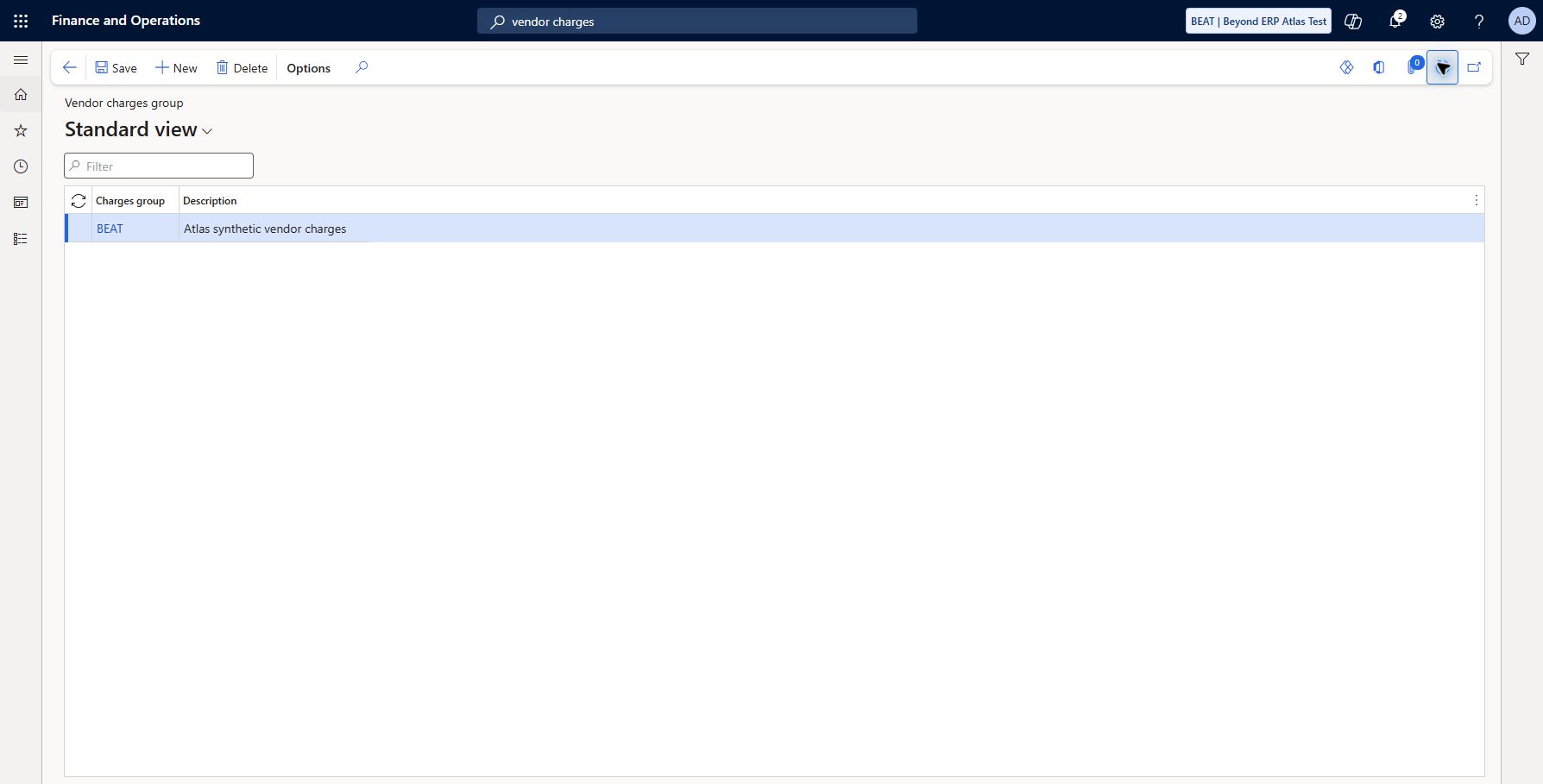 Set up Vendor charges group — BEAT: Accounts payable > Charges setup > Vendor charges group: BEAT / Atlas synthetic vendor charges saved and refreshed. The group has not been assigned to a vendor or used in an automatic charge transaction.