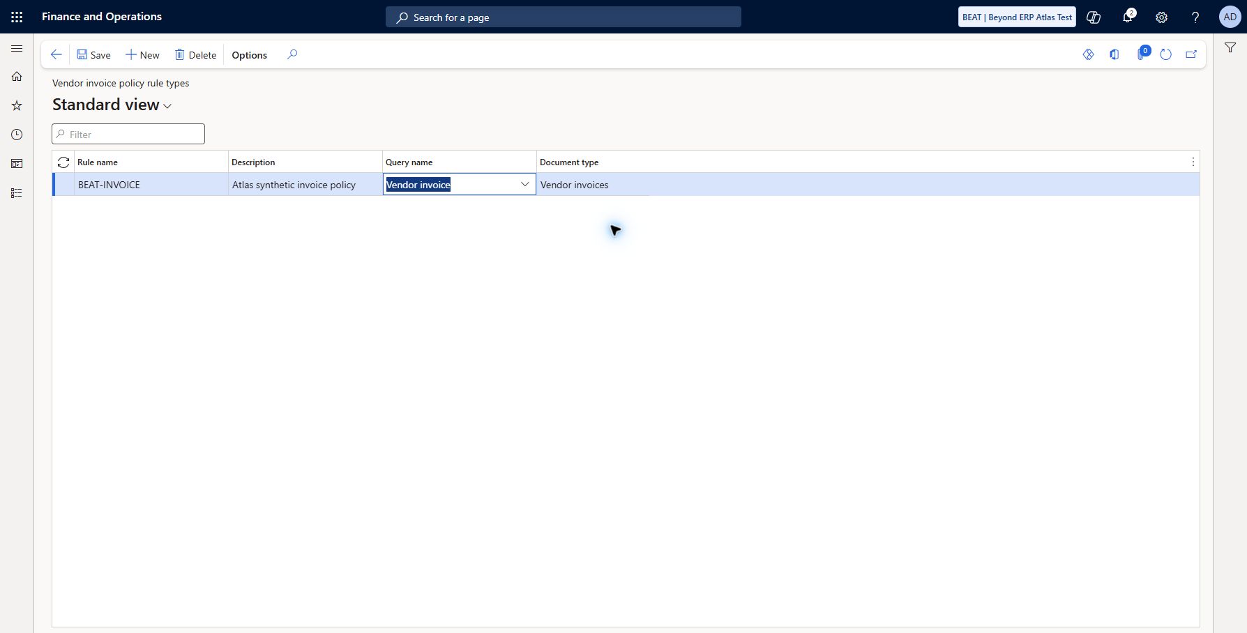 Vendor invoice policy rule type: Accounts payable > Setup > Policy setup > Vendor invoice policy rule types. Saved/refreshed BEAT-INVOICE with Atlas synthetic invoice policy description, AOT query VendInvoicePolicyHeader (live title Vendor invoice), Document type Vendor invoices. Rule type alone does not enforce policy; policy rule conditions, organization assignment and positive/negative invoice tests remain unexecuted.
