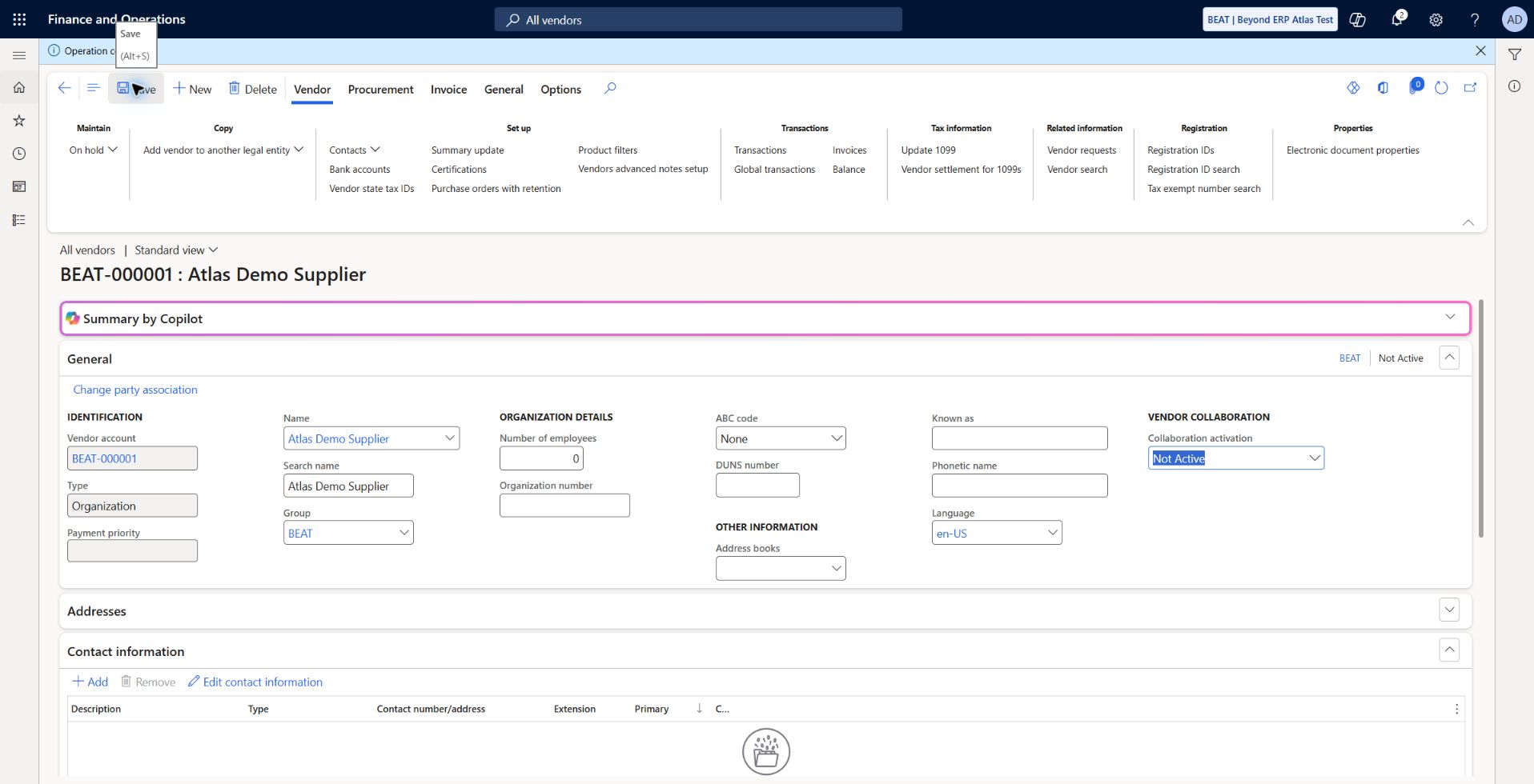 All vendors: synthetic supplier: Atlas Demo Supplier saved in BEAT, supplier group BEAT, language en-US, currency USD. NET30 inherited from the group. Synthetic record only.