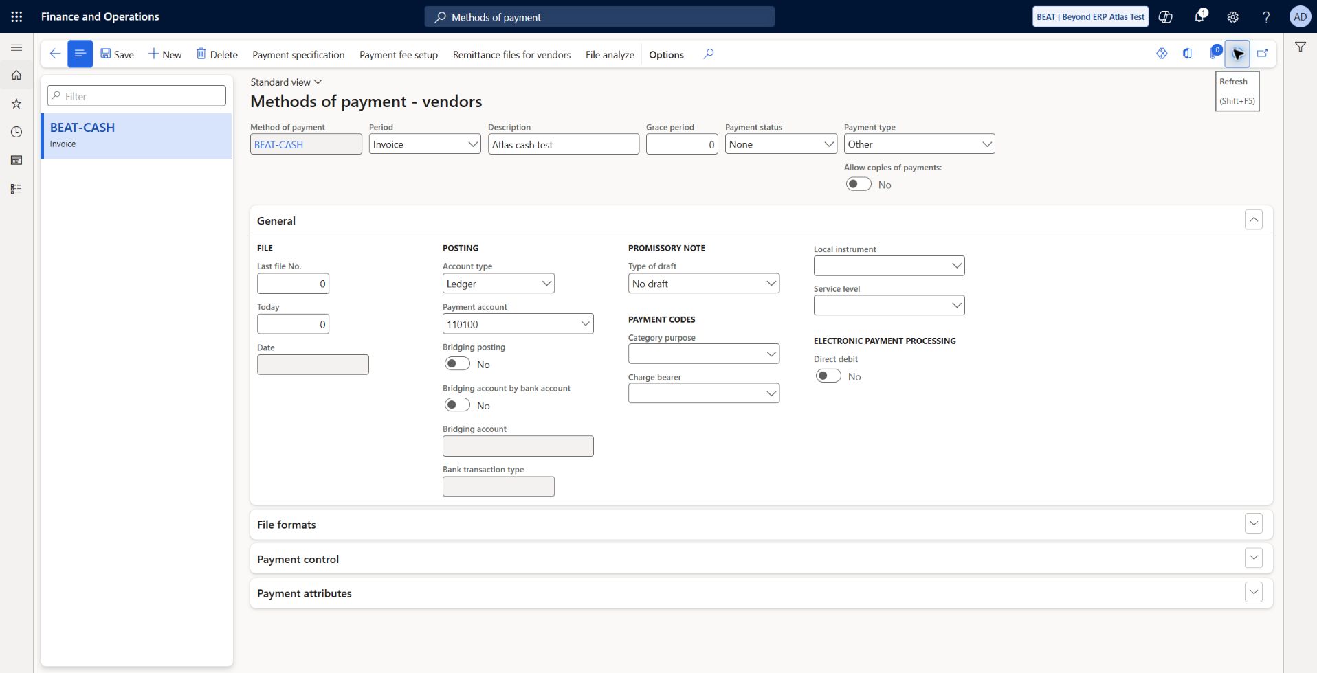 Vendor ledger-clearing payment method saved: Setup capture checkpoint before functional tests: BEAT-CASH / Atlas cash test saved and refreshed: Period Invoice, payment status None, payment type Other, Ledger payment account 110100, bridging No, No draft. Bank instruments/files and transactions using this new method remain unexecuted. Subsequent bounded ledger-clearing posting and settlement tests passed; see later linked evidence.