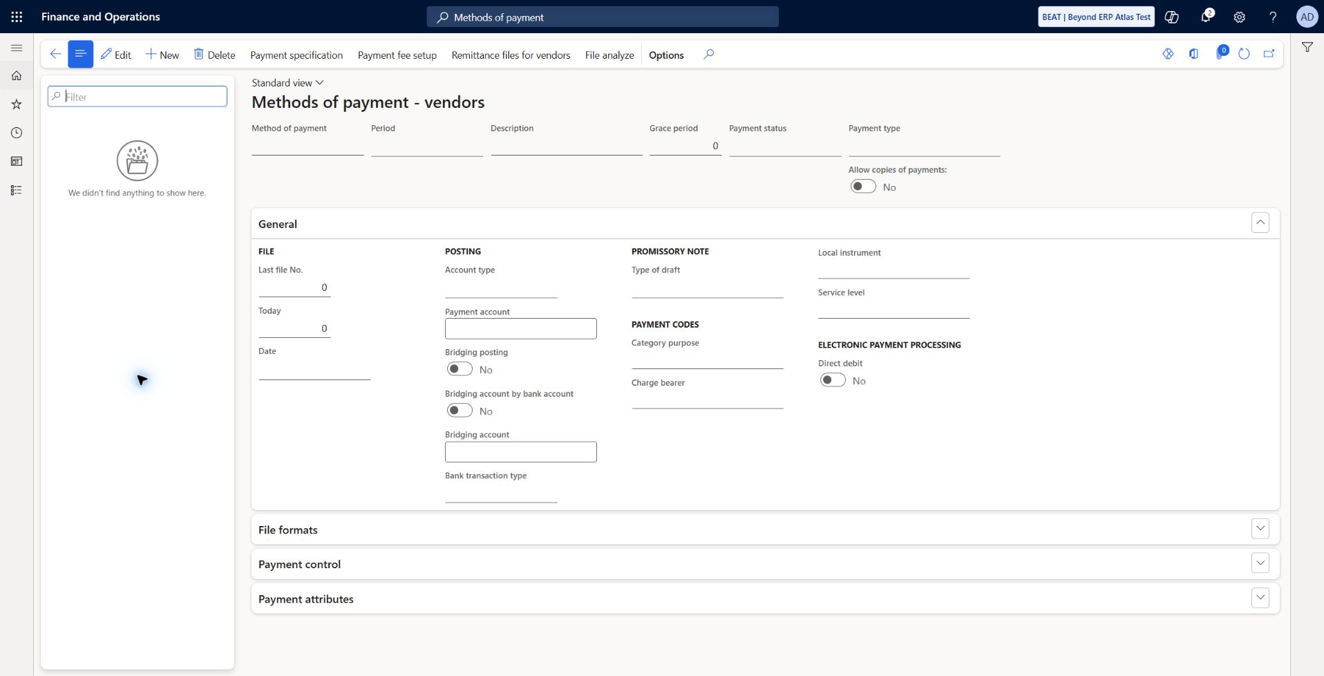 Vendor methods of payment — configuration gap: BEAT has no vendor methods of payment. The core demonstration used explicitly marked ledger-clearing payment journals. Bank file generation, bank instruments and external payment integration remain unconfigured and untested.