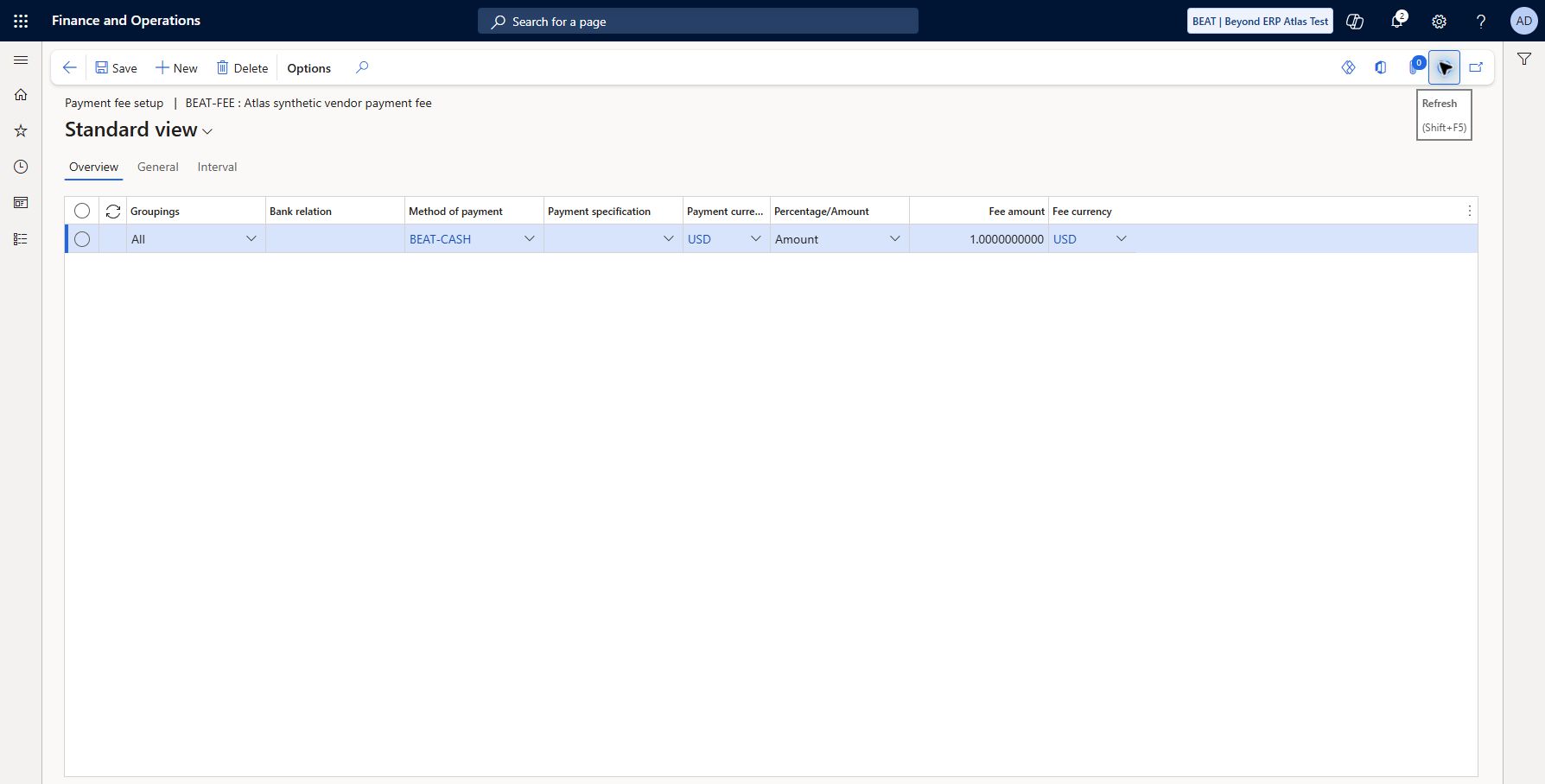 Vendor payment fee: Accounts payable > Payment setup > Payment fee > Payment fee setup. BEAT-FEE, synthetic vendor payment fee, Vendor charge/Daily journal. Saved/refreshed All bank relations, BEAT-CASH, USD, Amount 1 USD. No banking data supplied. Fee application and resulting vendor/ledger posting remain untested.