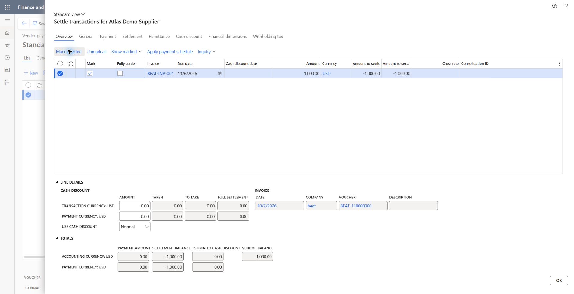 Supplier invoice marked for synthetic settlement: Invoice BEAT-INV-001 for 1,000 USD selected with Mark checked. Settlement amount -1,000; cash discount zero. Selection is preparation, not posted settlement.