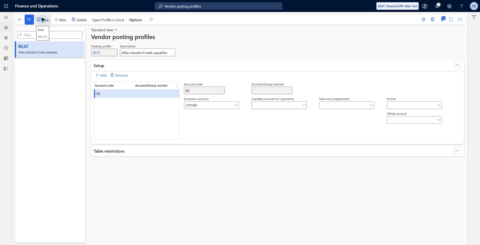 Vendor posting profiles: BEAT, Account code All, summary account 210100. Saved and read back.