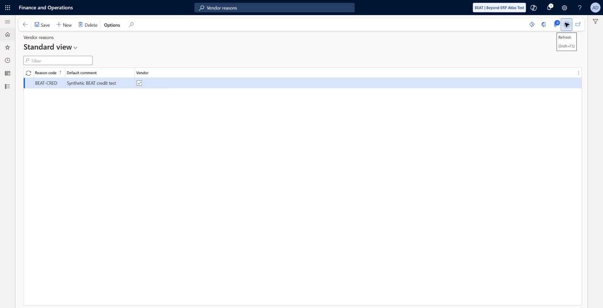 Vendor reason saved and refreshed: Observed menu path Accounts payable > Setup > Vendor reasons. BEAT-CRED / Synthetic BEAT credit test persisted with Vendor Yes after Save and Refresh. Shared existing reason now applies to customers and vendors. Vendor credit/correction application remains unexecuted.