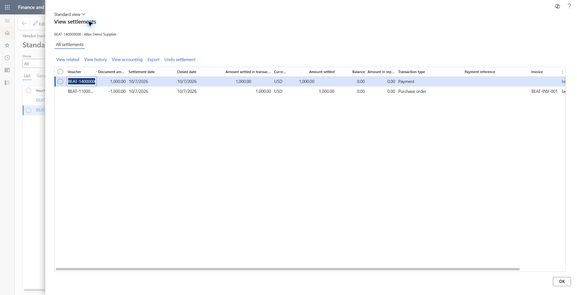 Supplier settlement history reconciles invoice and clearing payment: BEAT-140000000 Payment +1,000 USD and BEAT-110000000 Purchase order BEAT-INV-001 -1,000 USD each settled 1,000 USD, balance 0.00, settlement/closed date 2026-10-07 in BEAT.