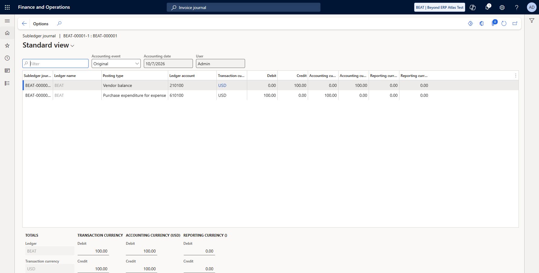 Recurring vendor invoice balanced subledger: Invoice BEAT-00001-1, voucher BEAT-110000002, subledger BEAT-000000012: expense 610100 debit 100 USD and vendor balance 210100 credit 100 USD. Transaction/accounting debit and credit totals each 100. Voucher transactions remained empty after refresh, so GL transfer/reconciliation is pending; no complete GL verification claimed.