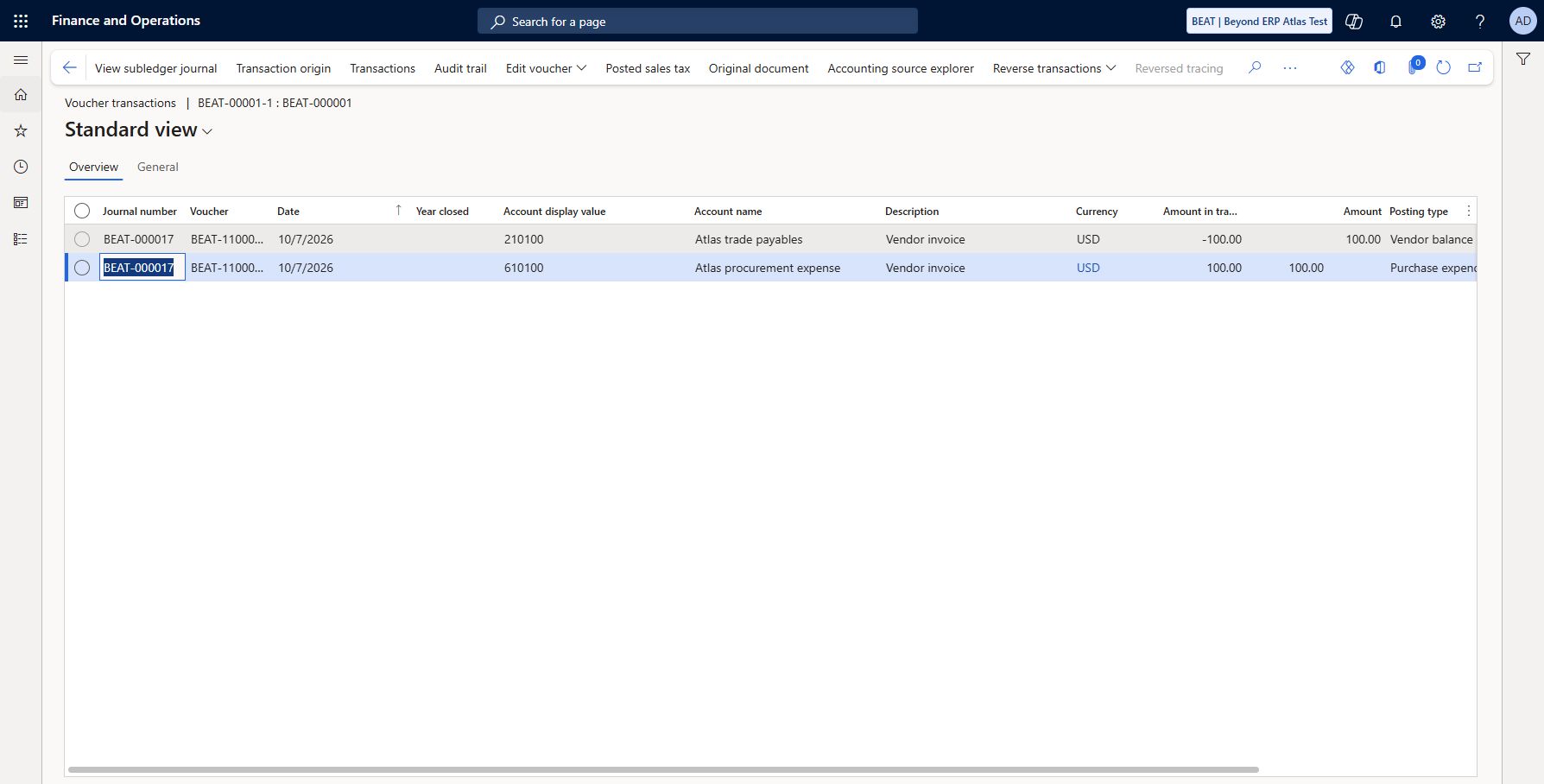 Recurring vendor invoice general ledger reconciled: After Transfer now for the single BEAT subledger entry, GL BEAT-000017 / voucher BEAT-110000002 shows payable 210100 -100 USD and expense 610100 +100 USD, Current layer dated 10/7/2026. Invoice BEAT-00001-1 and balanced subledger BEAT-000000012 reconcile to the GL. Settlement remains open for netting verification.