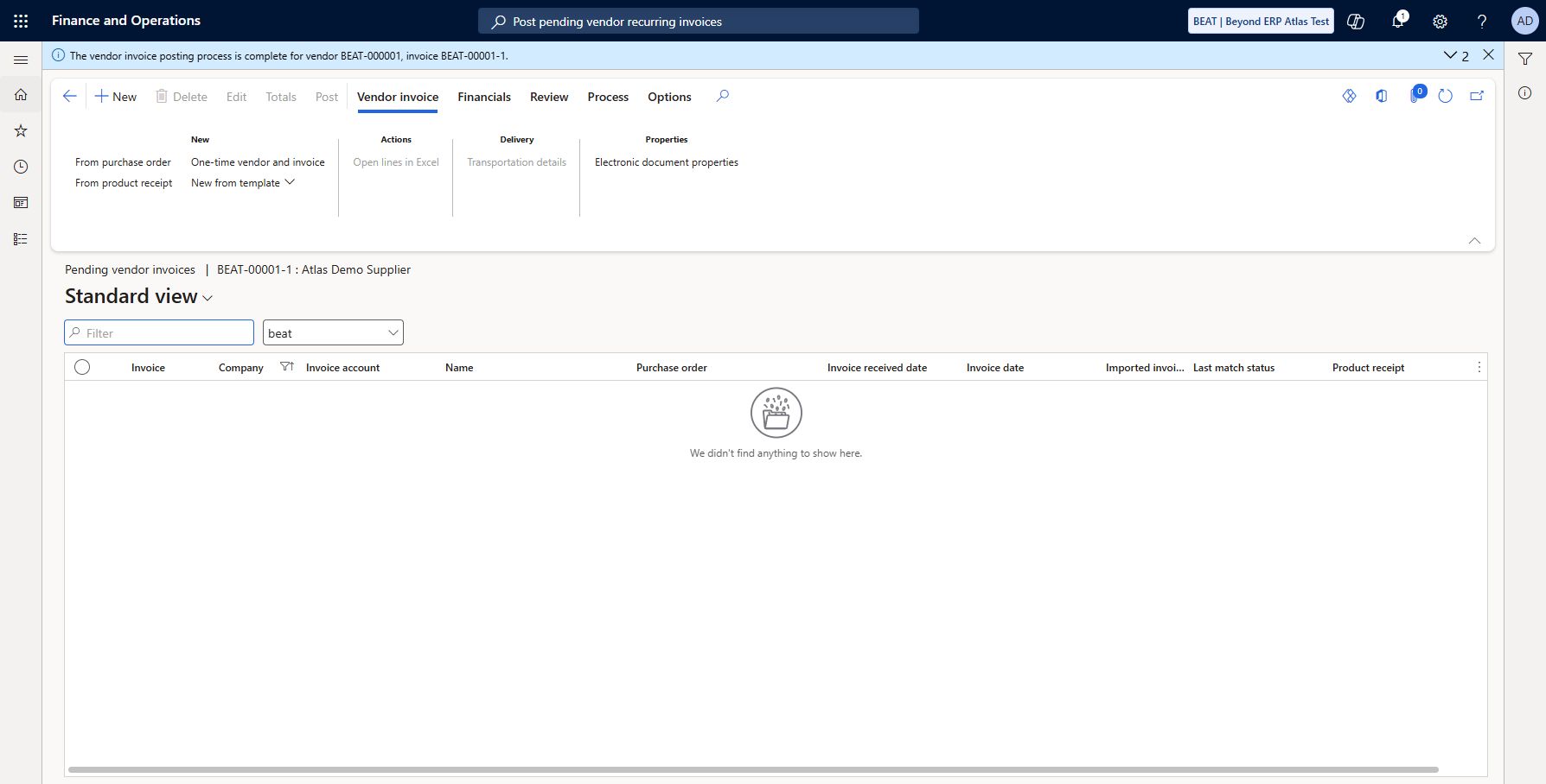 Recurring vendor invoice posting completed: Generated recurring invoice BEAT-00001-1 for vendor BEAT-000001, 100 USD, was posted successfully. Finance returned posting-process-complete and Operation completed; pending list became empty. Voucher and ledger reconciliation remain a separate checkpoint.