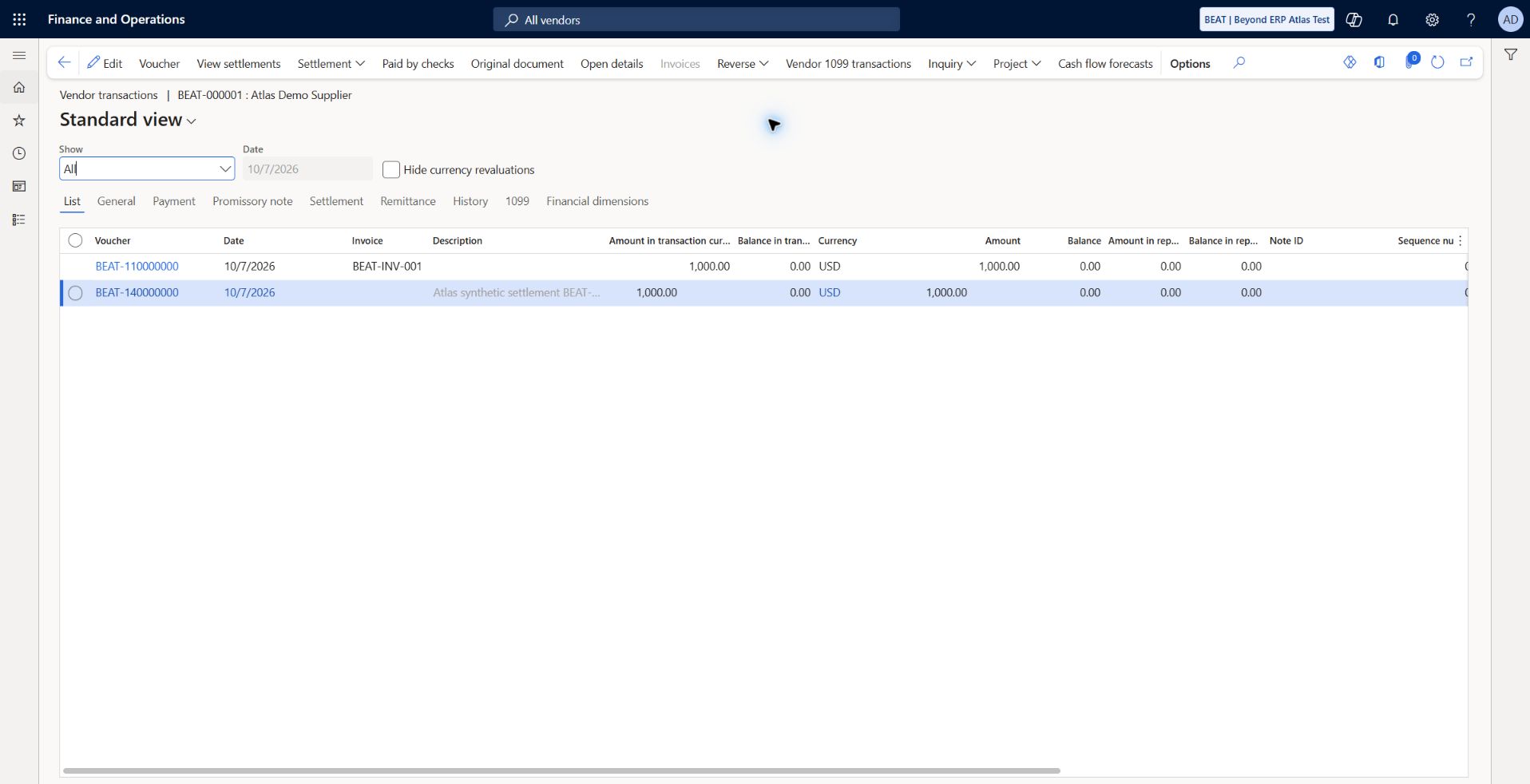 Supplier invoice and payment have zero remaining balances: BEAT-110000000 invoice BEAT-INV-001 and BEAT-140000000 payment both show Balance in transaction currency 0.00 USD, Balance 0.00, Last settlement and Closed date 2026-10-07.